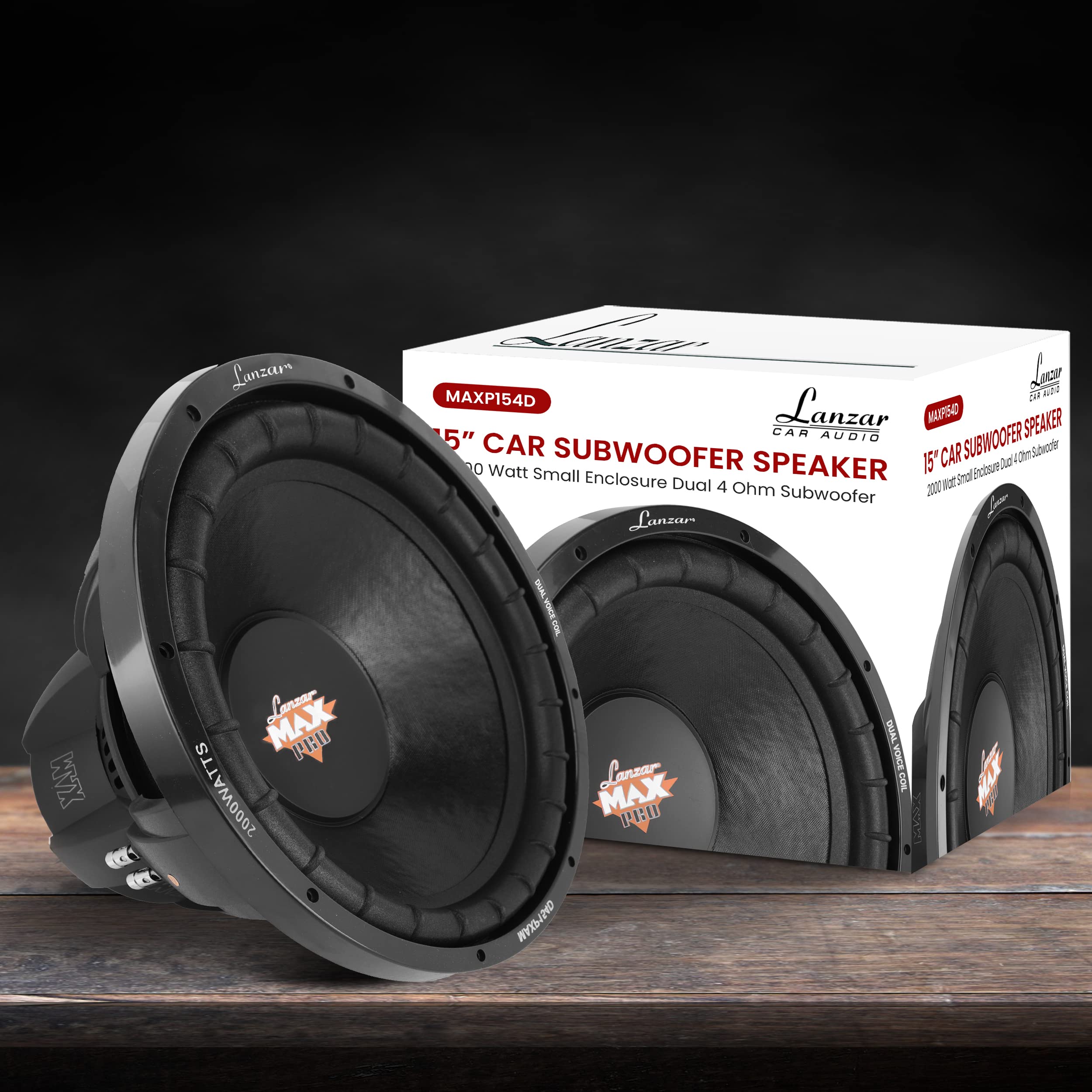 Lanzar MAXP154D 15" Car Subwoofer Speaker  
2000 Watts  
Small Enclosure Dual 4 Ohm Subwoofer  
Lanzar MAX