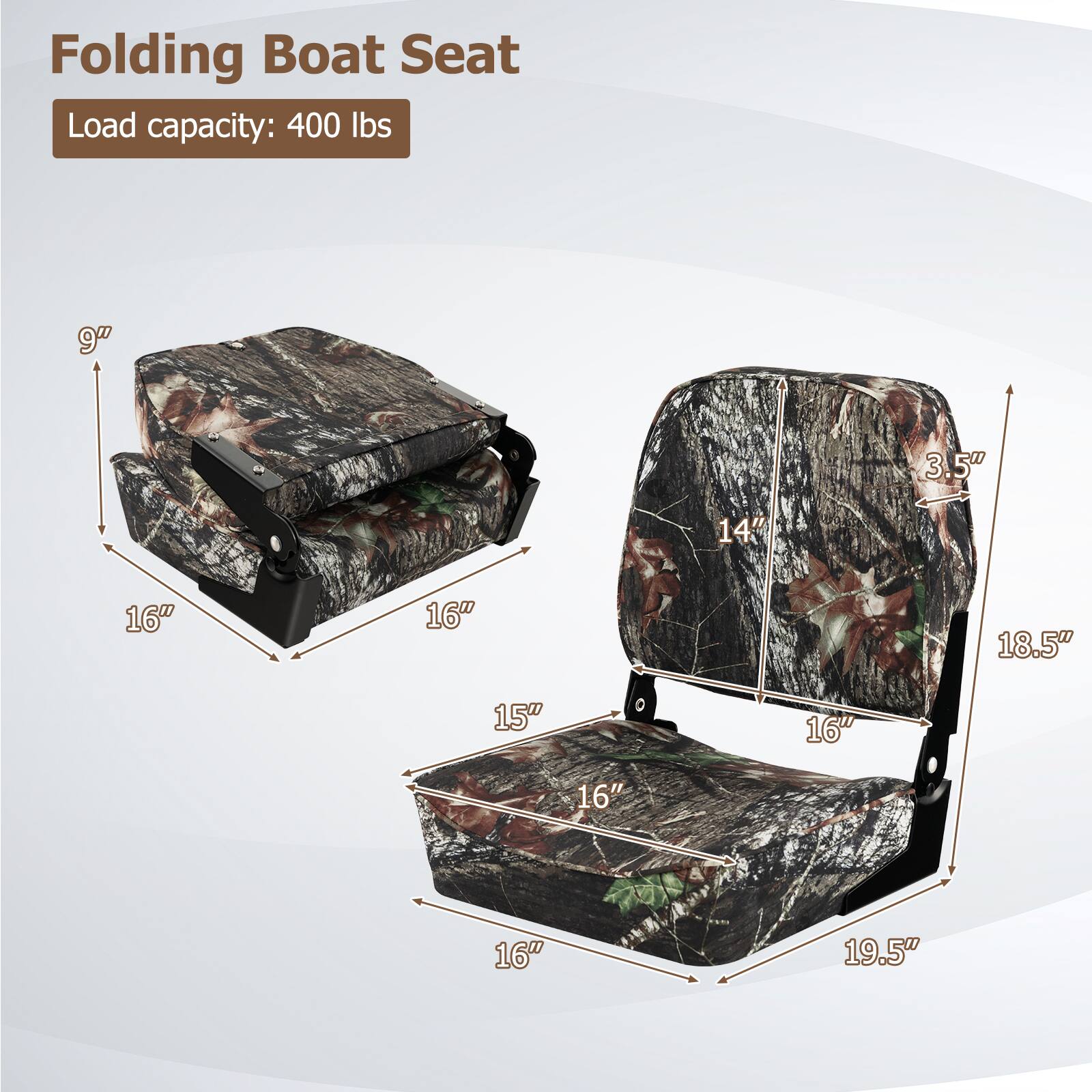 Folding Boat Seat  
Load capacity: 400 lbs  

9"  
3.5"  
14"  
16"  
16"  
18.5"  
15"  
16"  
16"  
19.5"
