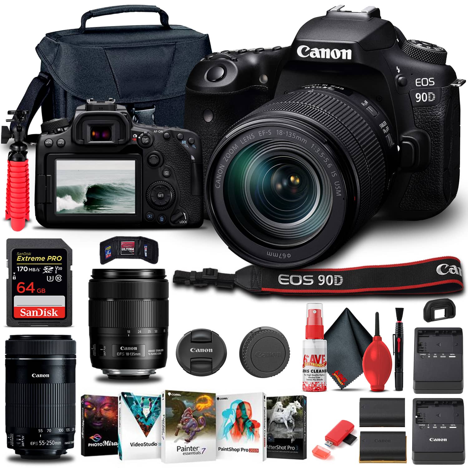 EOS 90D Camera W/ 18-135mm and Canon EF-S 55-250mm Lenses - Basic Bundle (International Version) - Black