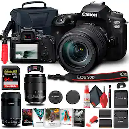 EOS 90D Camera W/ 18-135mm and Canon EF-S 55-250mm Lenses - Basic Bundle (International Version) - Black