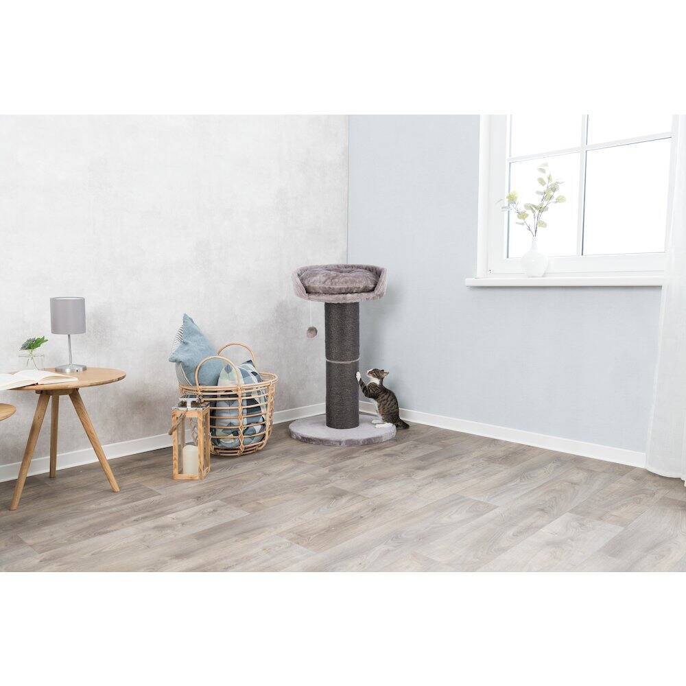 Left. TRIXIE - Pepino Sisal 35" Scratching Post with Plush Platform Bed and Dangling Cat Toy - Gray.