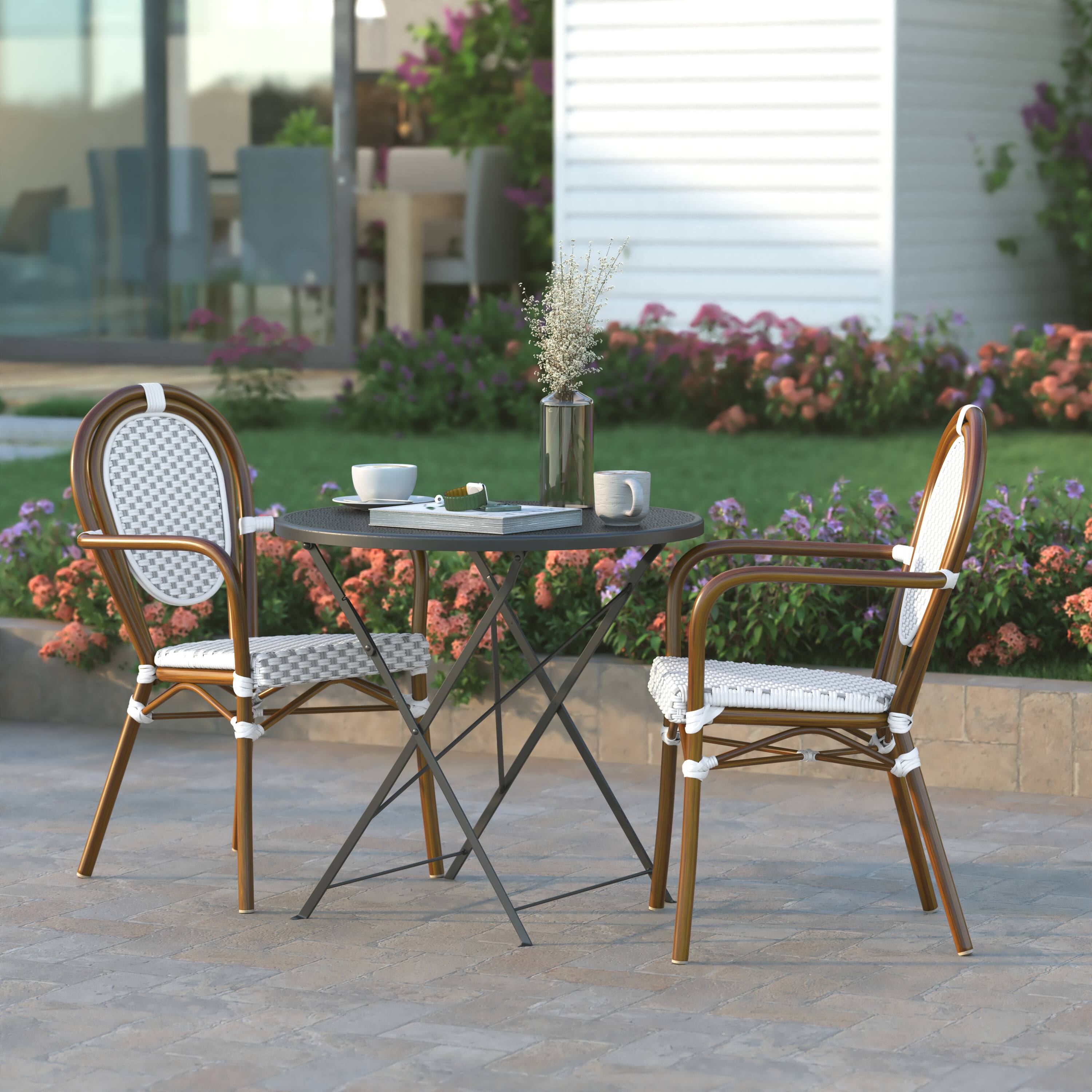 Alt View 4. Emma + Oliver - Colmar Set of Two Indoor/Outdoor Stacking Thonet Bistro Style Chairs with Arms, PE Rattan Seat and Metal Frame - White & Gray/Natural Frame.