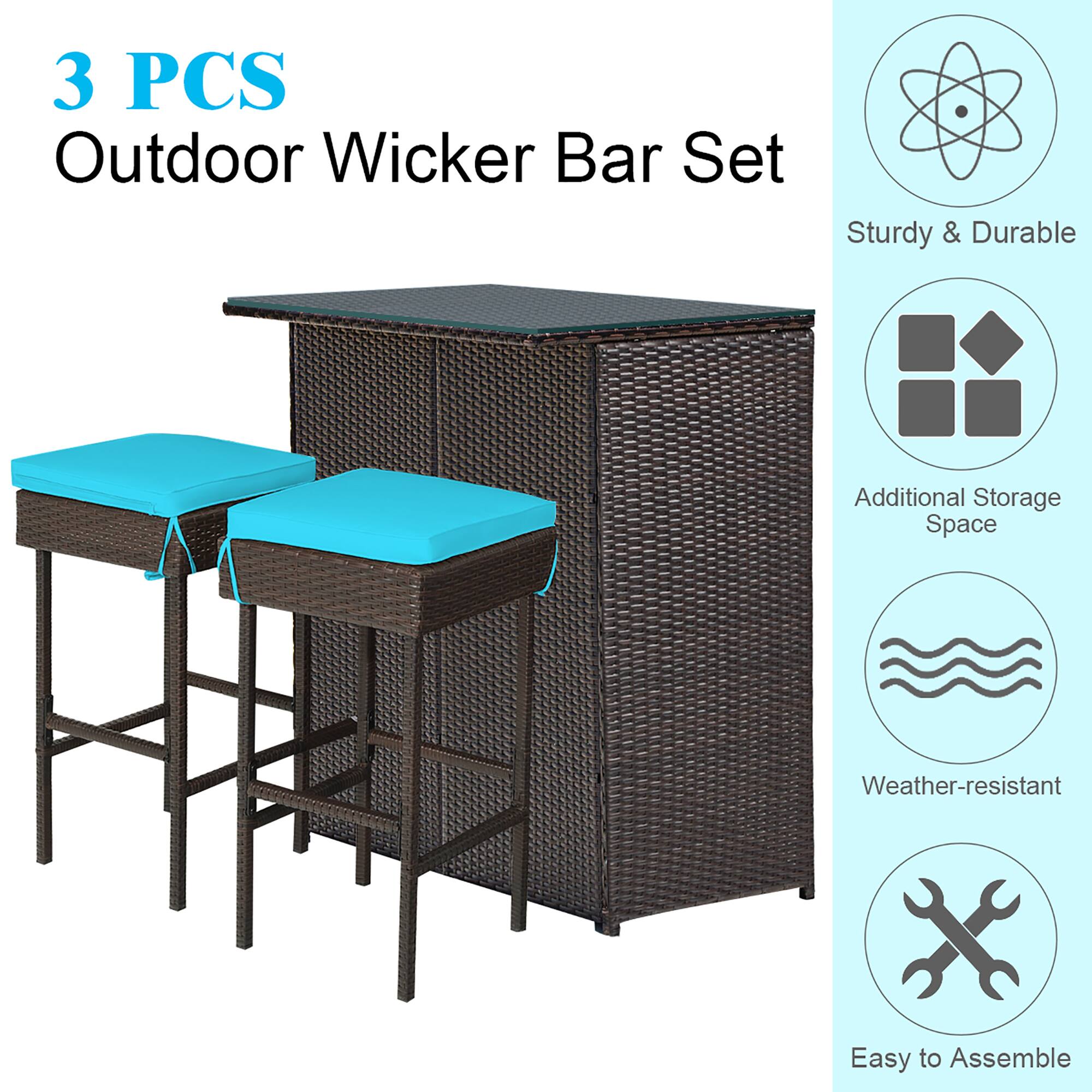 3 PCS Outdoor Wicker Bar Set Sturdy & Durable Additional Storage Space Weather-resistant Easy to Assemble