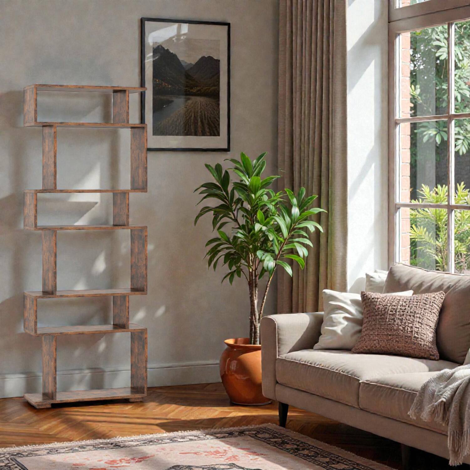 Front. Hivvago - Modern 6-Level Display Bookshelf with Safety Anchors and Open Design - Rustic Brown.