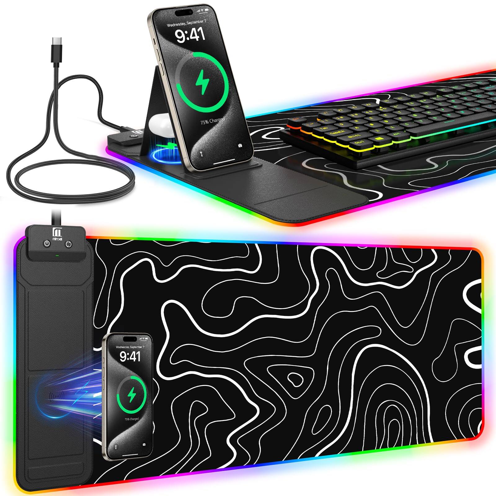 Comfort Essence - Xxl Mouse Pad With Phone Holder - Black Rgb Desk Mat 15w Fast Charging Led Gaming Mousepad 11 Light Colors - Touch Control - Stand Xl Black Topographic