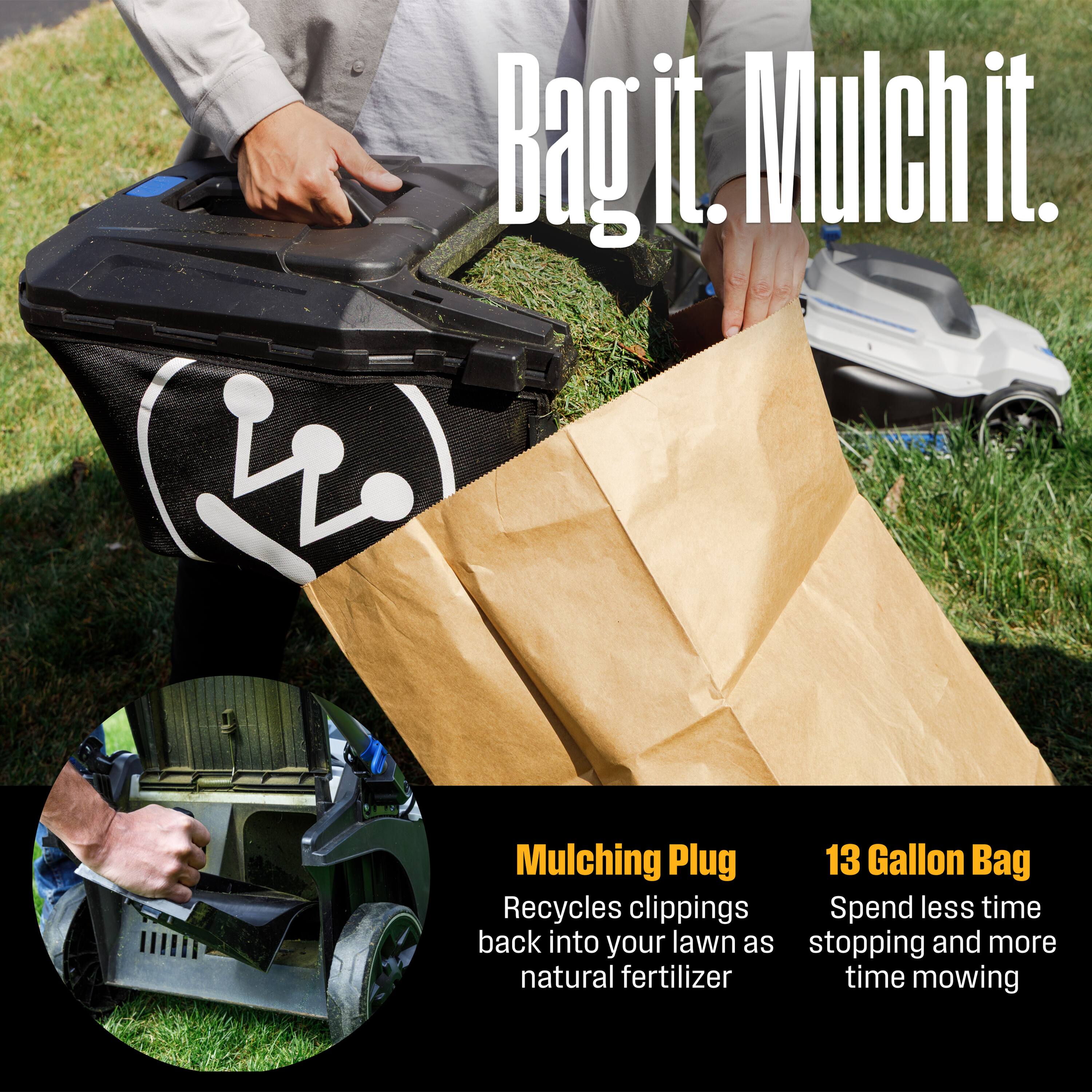 Bag it. Mulch it.

Mulching Plug
Recycles clippings back into your lawn as natural fertilizer

13 Gallon Bag
Spend less time stopping and more time mowing