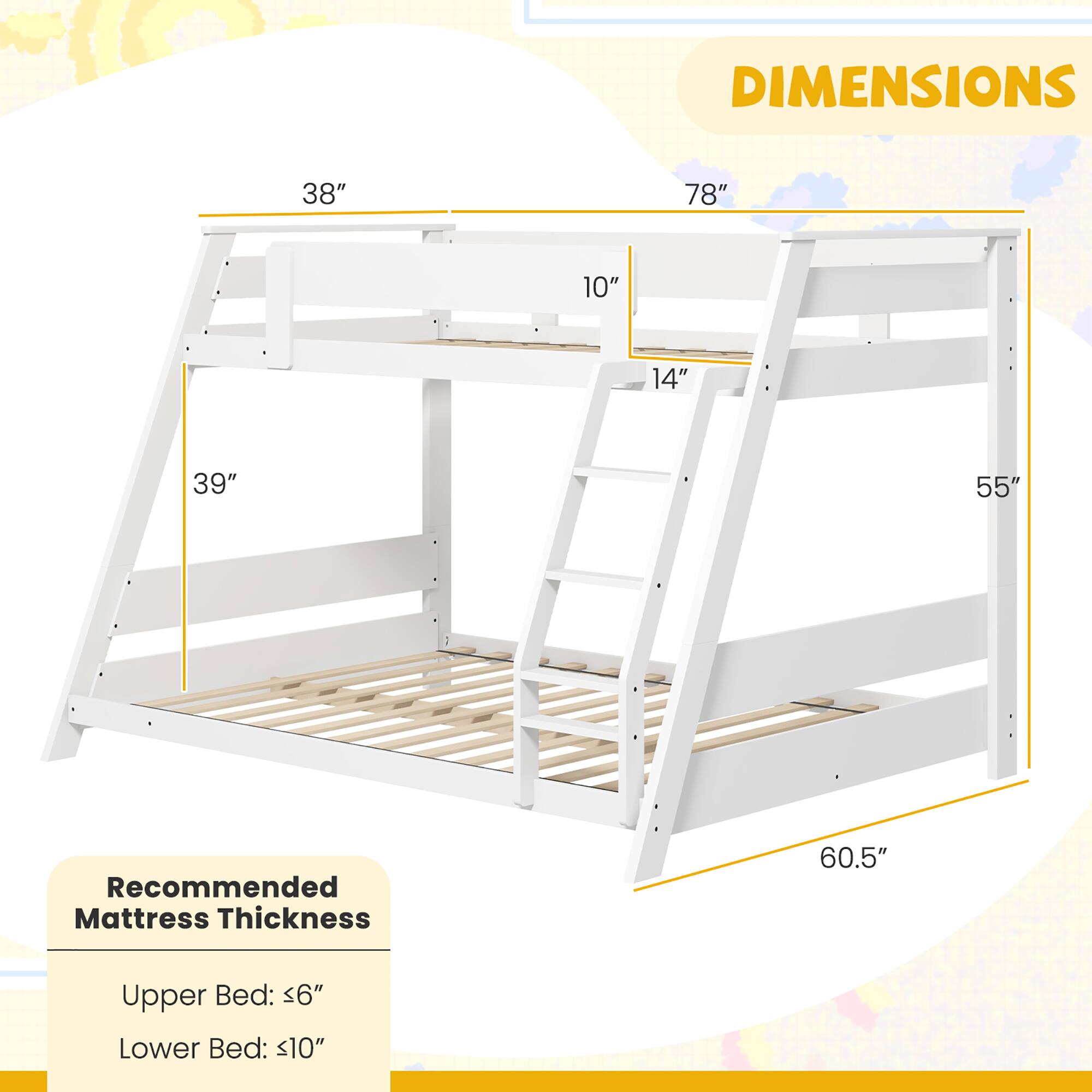 DIMENSIONS  
38" 78" 10" 14" 39" 55" 60.5"  

Recommended Mattress Thickness  
Upper Bed: <6"  
Lower Bed: <10"