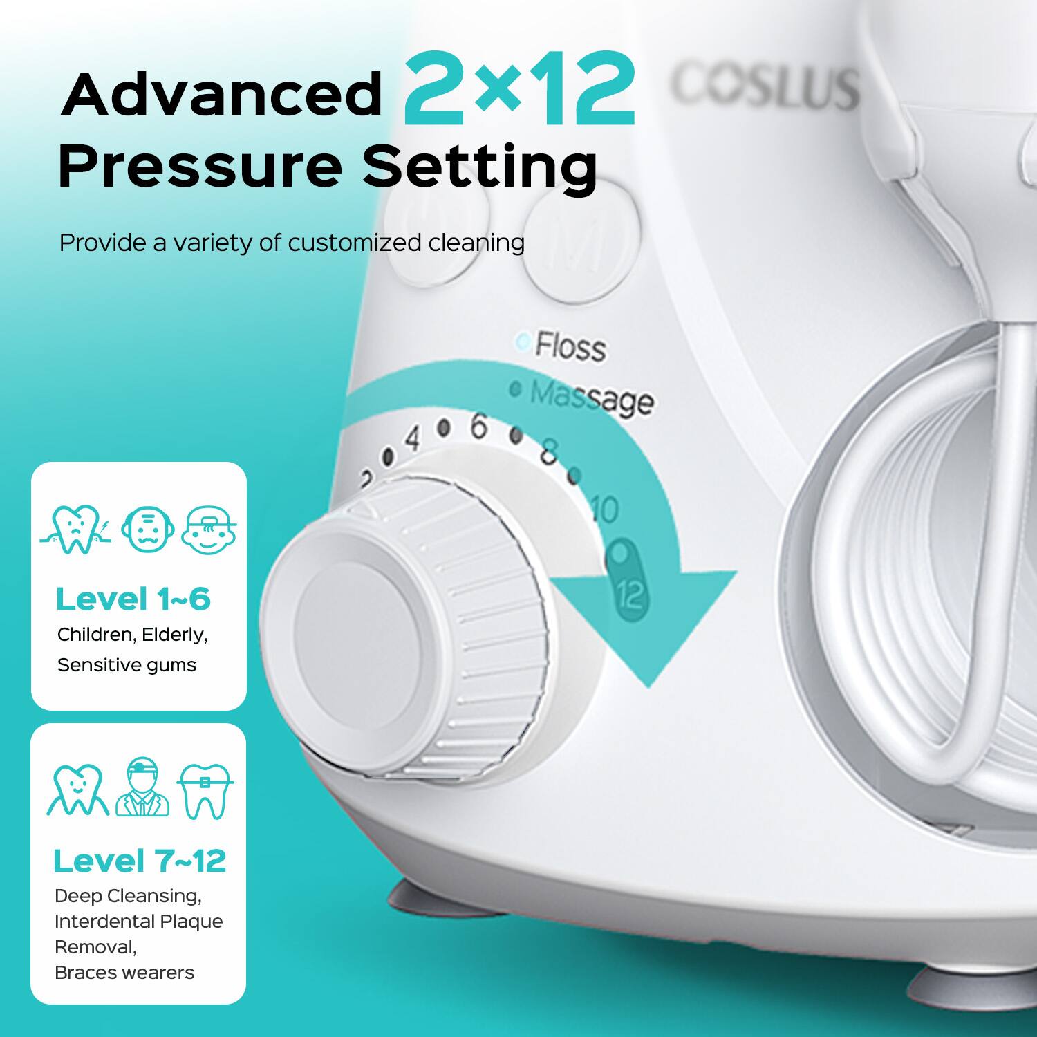 Advanced 2x12 Pressure Setting  
Provide a variety of customized cleaning  
Floss  
Massage  

Level 1~6  
Children, Elderly, Sensitive gums  

Level 7~12  
Deep Cleansing, Interdental Plaque Removal, Braces wearers
