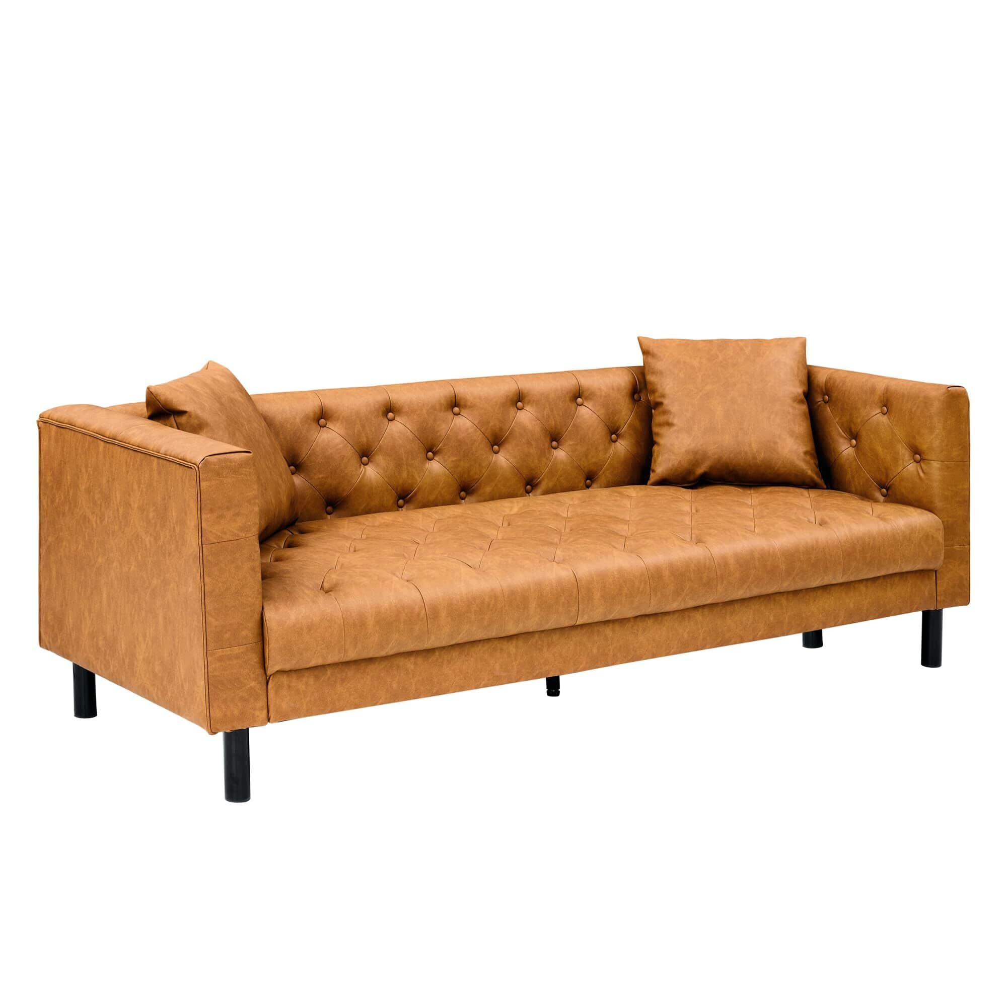 Acekool - 81" Leather Couch, Handmade Button Tufted 3 Seater Sofa, Chesterfield Sofa with Deep - Orange