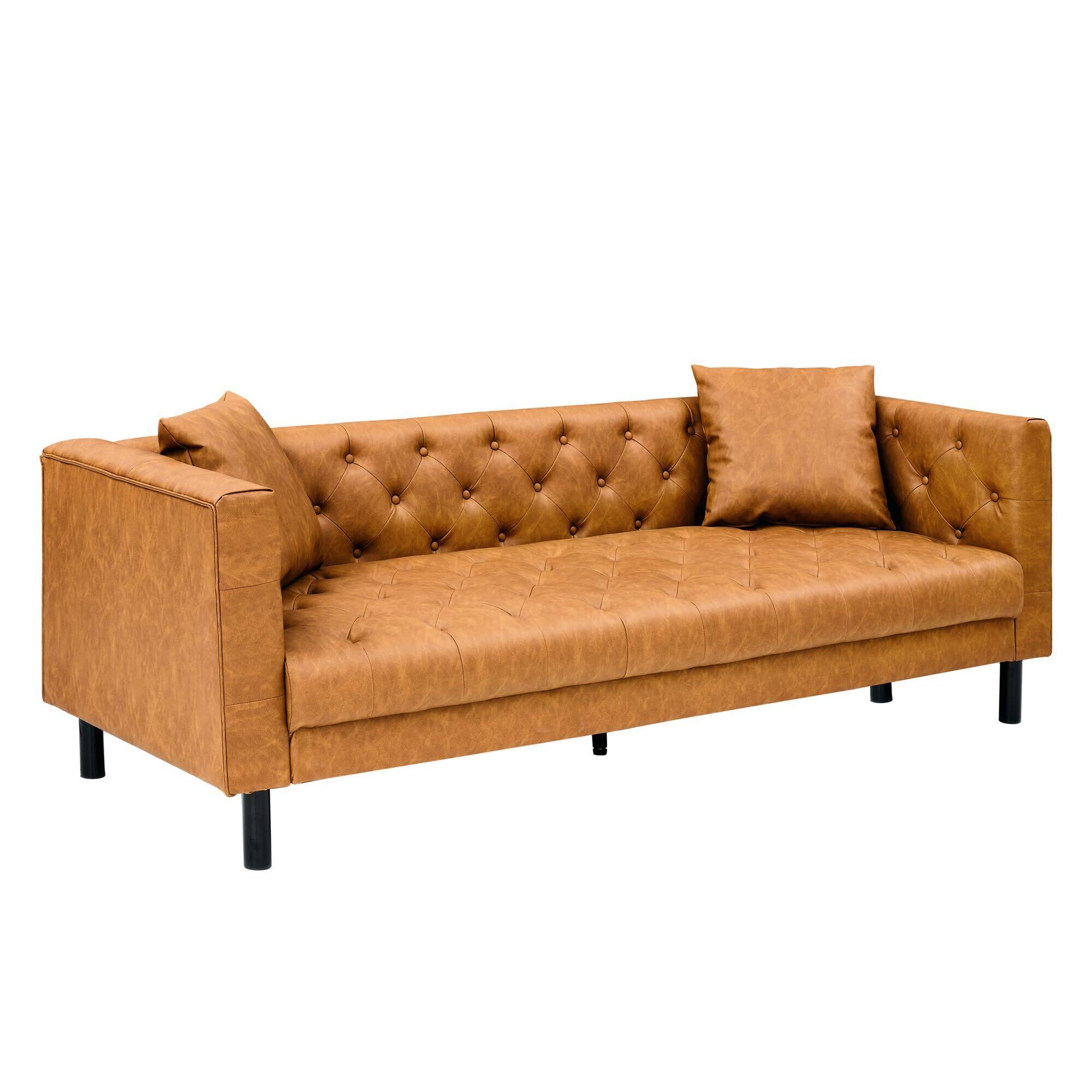 Front. Acekool - 81" Leather Couch, Handmade Button Tufted 3 Seater Sofa, Chesterfield Sofa with Deep - Orange.