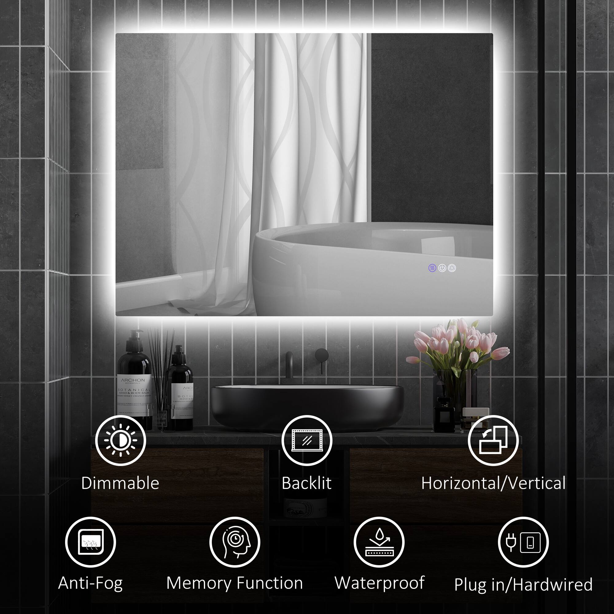 Dimmable, Backlit, Horizontal/Vertical, Anti-Fog, Memory Function, Waterproof, Plug in/Hardwired