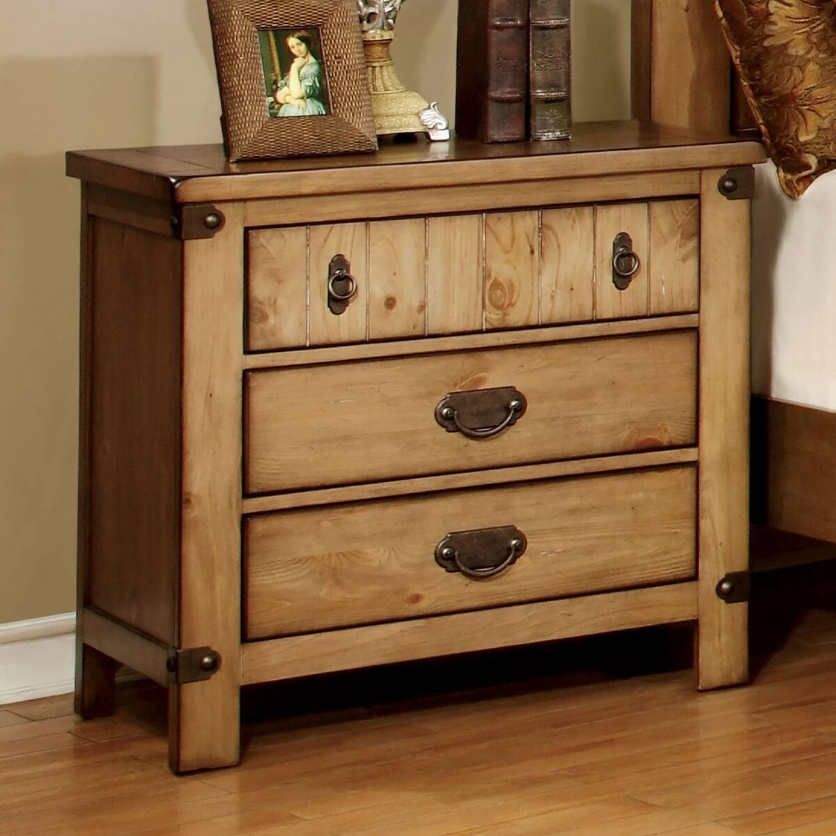 Front. Loheer - Loheer Weathered Elm Nightstand with USB Charger and Three Drawers - Natural.