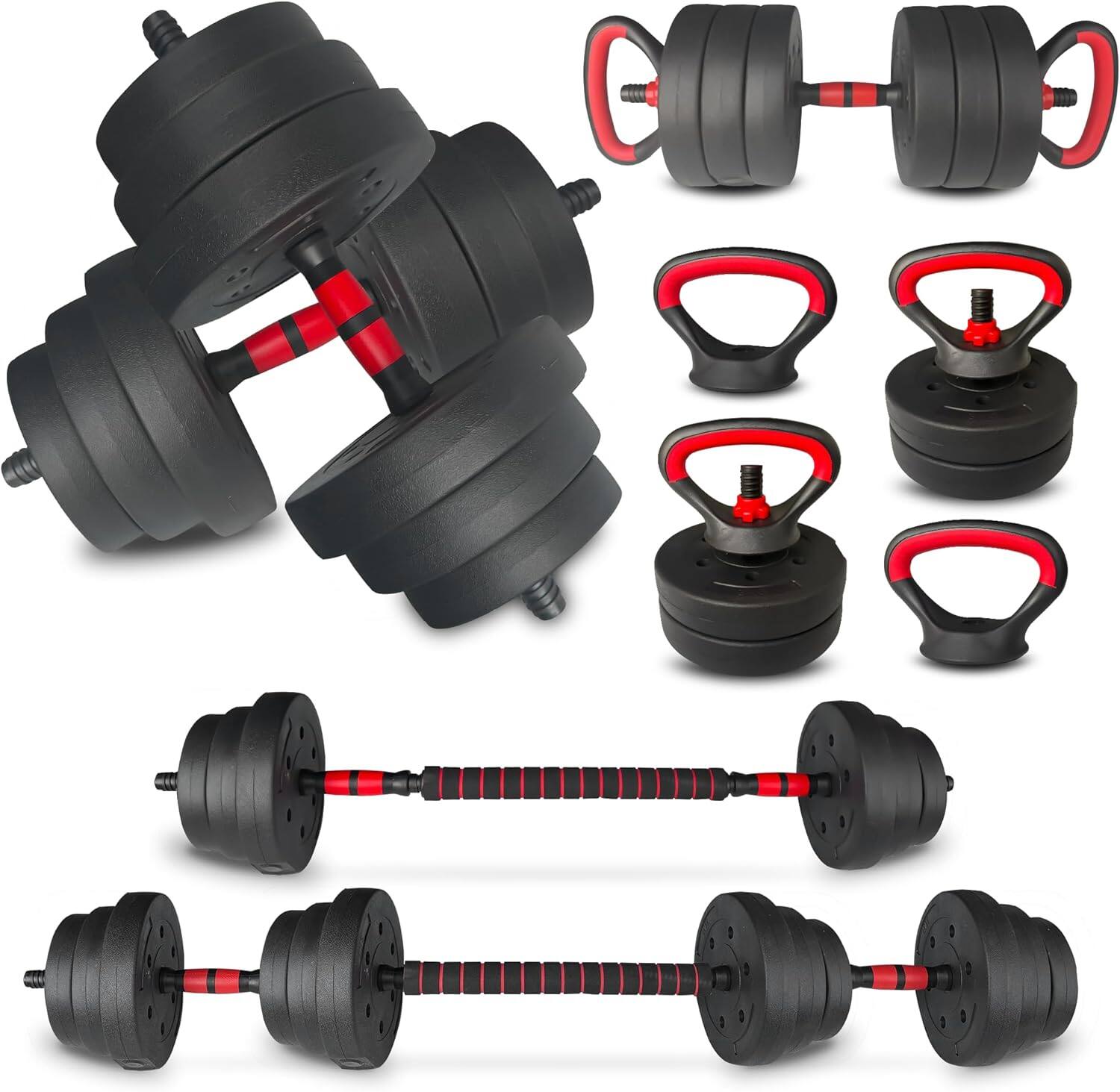 Aukfa - 25LB 4-in-1 Adjustable Dumbbell Set - Converts to Barbell, Kettlebell & Push-Up Stands, Home Gym - Black