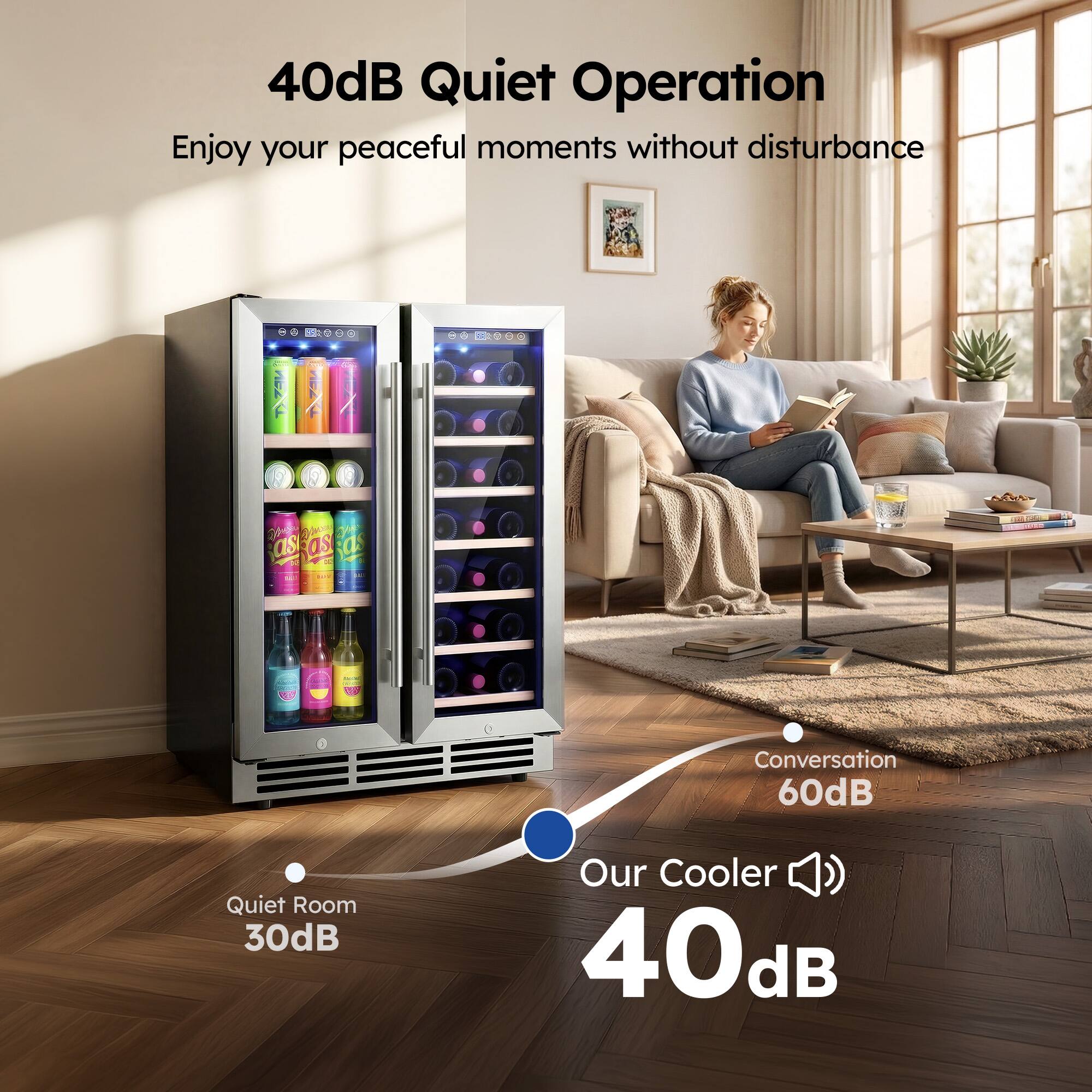 40dB Quiet Operation  
Enjoy your peaceful moments without disturbance  

Conversation 60dB  
Quiet Room 30dB  
Our Cooler 40dB