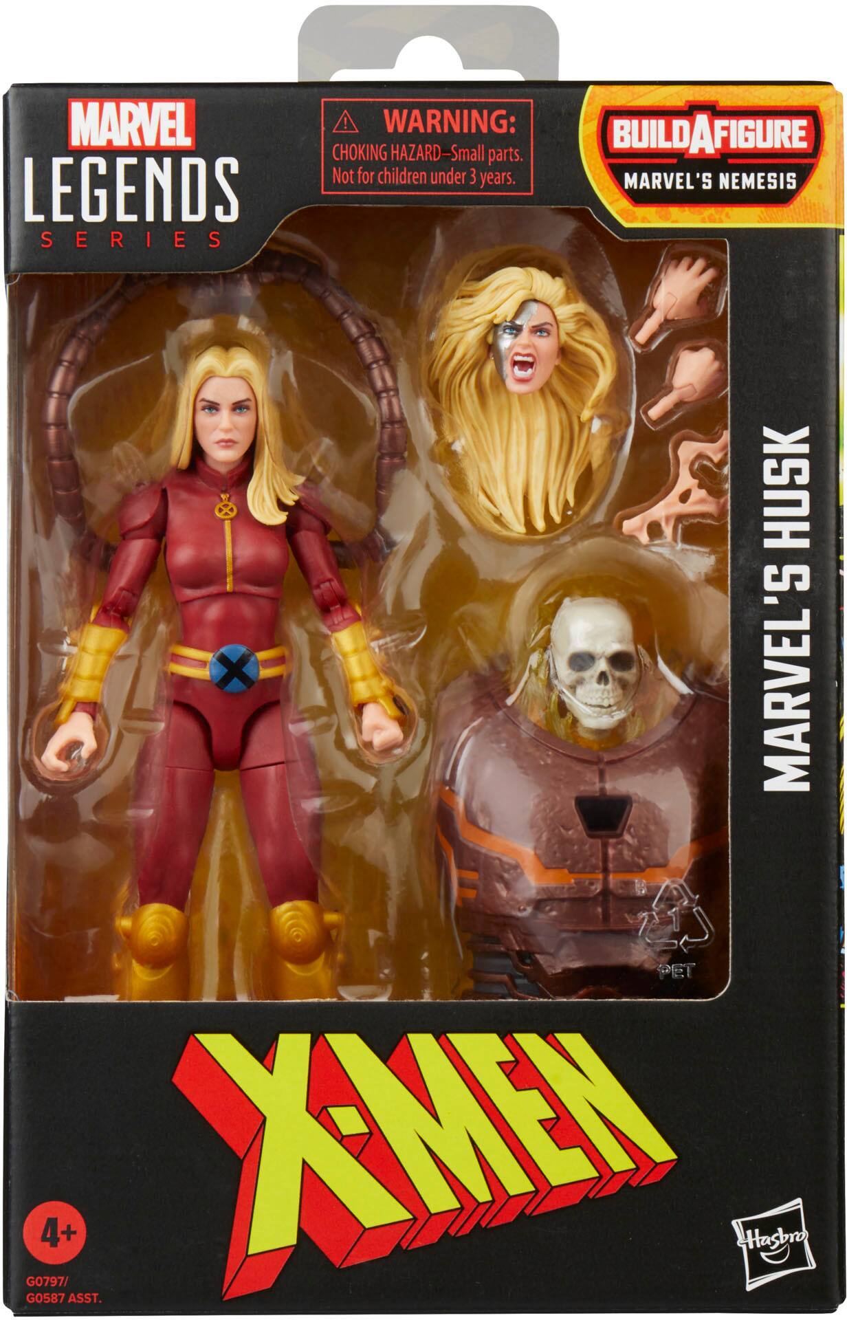 The text on the image reads: "MARVEL LEGENDS SERIES! WARNING: BUILDAFIGURE CHOKING HAZARD - Small parts. Not for children under 3 years. MARVEL'S NEMESIS X HUSK S. MARVEL PET 4+ XMEN Hasbro GO797/ GO587 ASST."