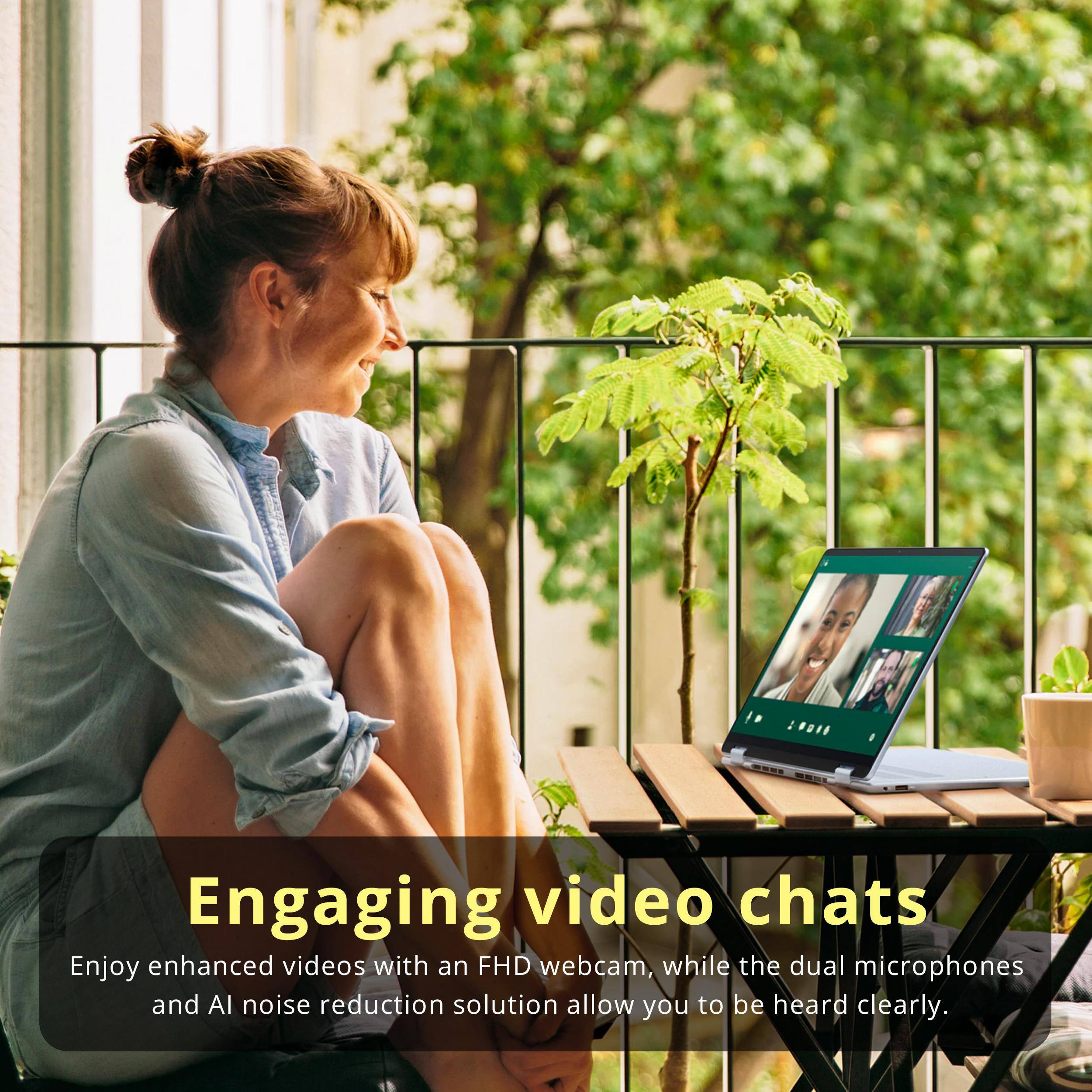 Engaging video chats

Enjoy enhanced videos with an FHD webcam, while the dual microphones and AI noise reduction solution allow you to be heard clearly.
