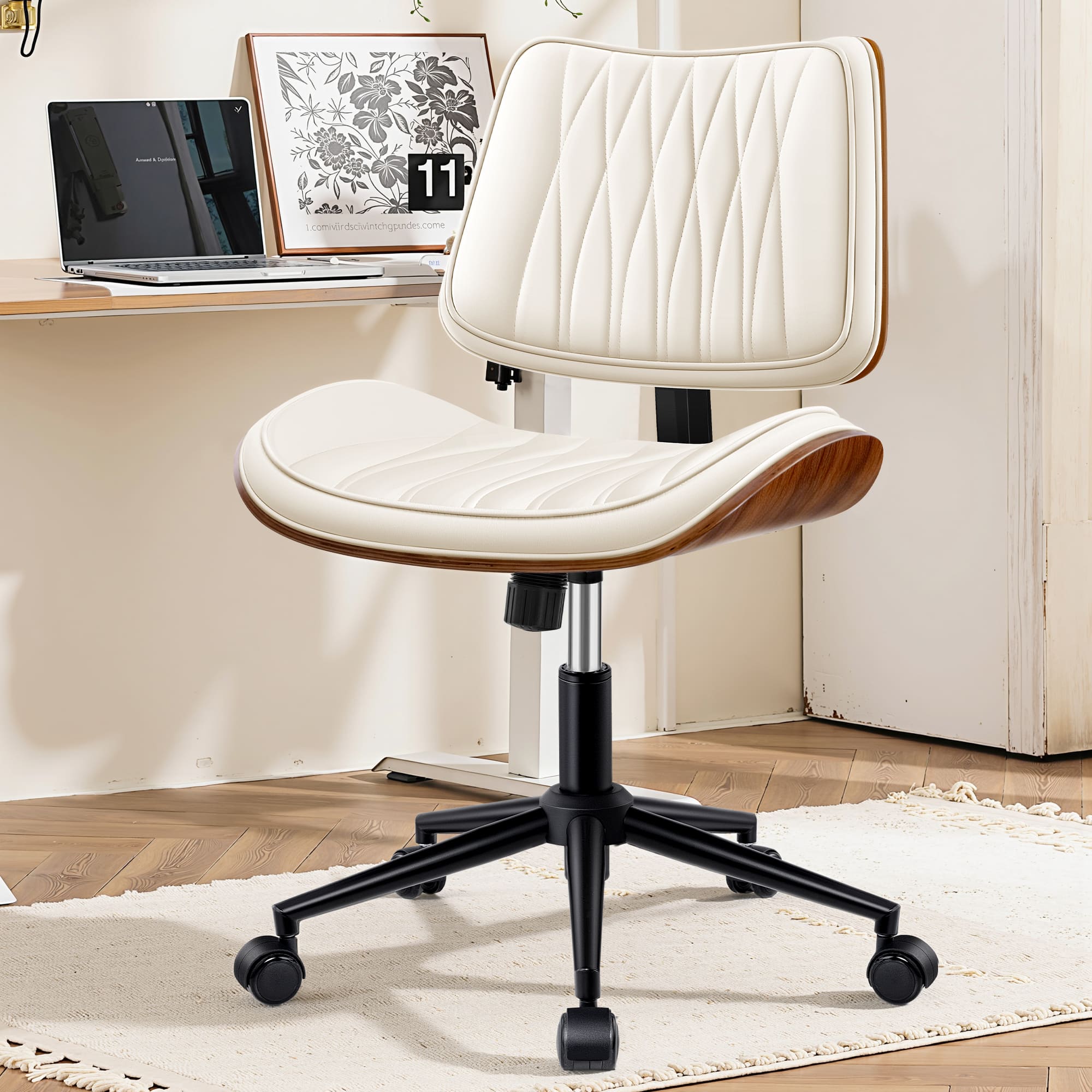 KERDOM - Stylish Home Office Chair, Ergonomic Mid Back Computer Chair, PU Leather Armless Accent Task Chair for Reception, Tilt - White