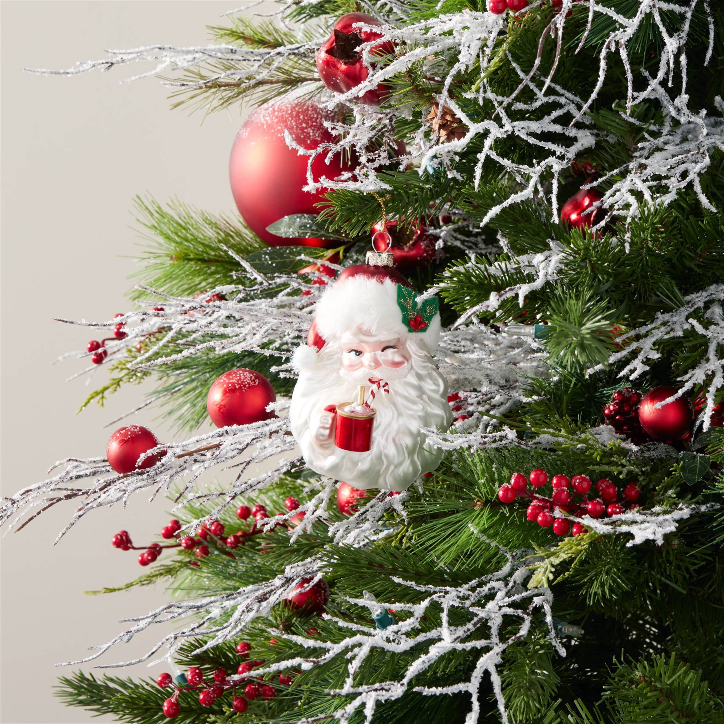 Angle. BreeBe - Glass Santa with Hot Cocoa Ornament (Set of 6) - White, Red.