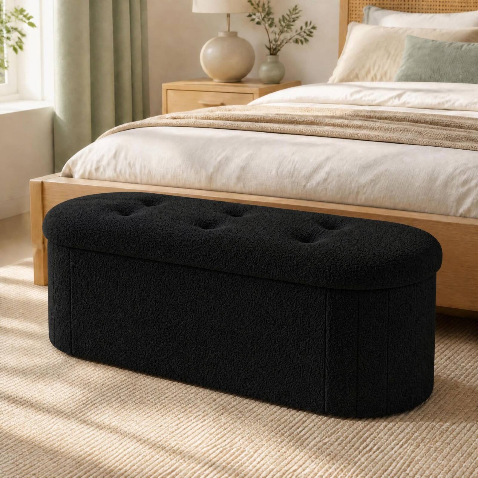 Alt View 1. Costway - Costway Storage Ottoman Bench 43" Oval Ottoman with Dividers Folding Teddy Boucle Footrest - Black.