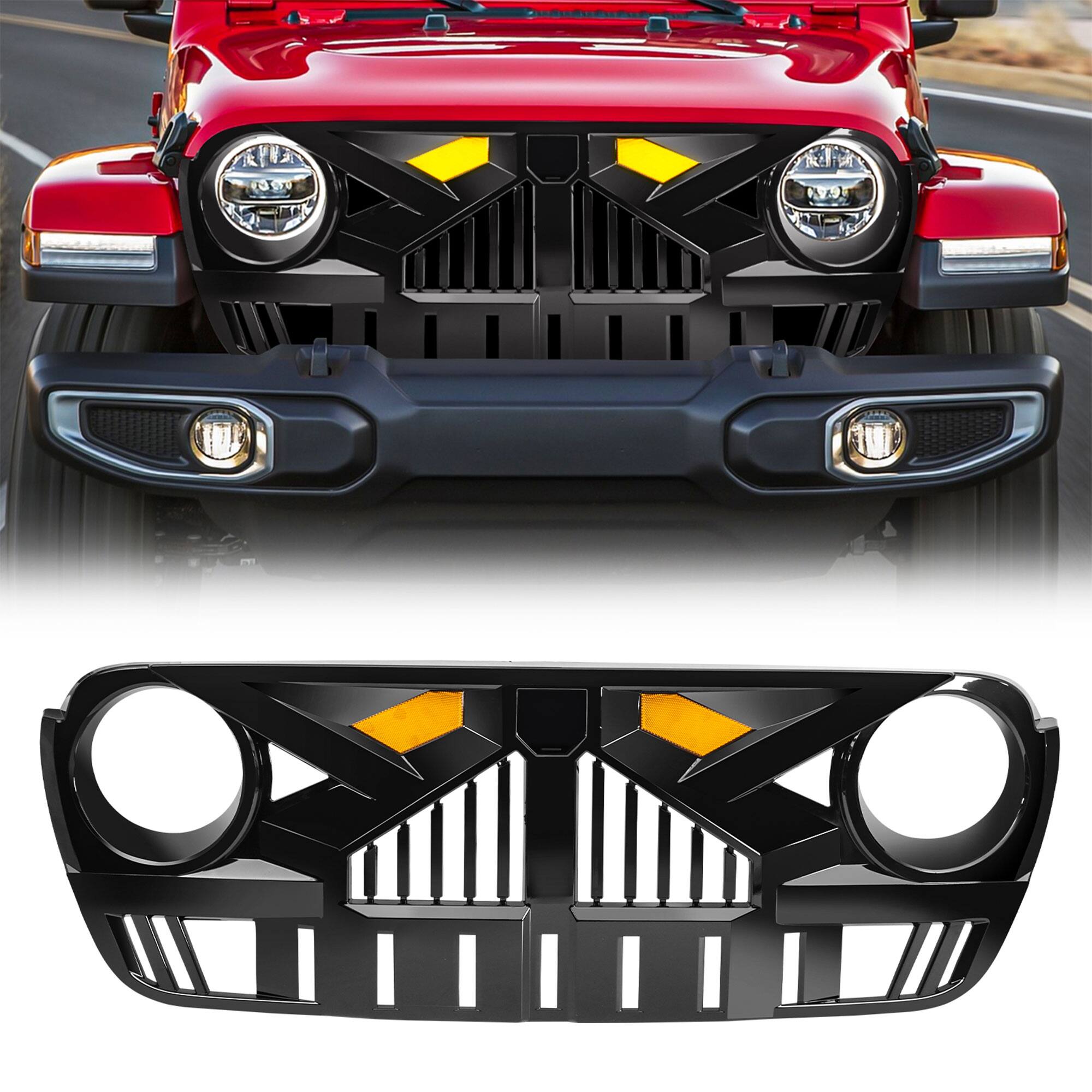 Front. AMERICAN MODIFIED - AMERICAN MODIFIED Grille for 2018-2023 Jeep Wrangler JL & Gladiator JT w/Camera - Glossy Black.
