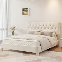 Dyonery - Platform Bed Frame with Upholstered Button Tufted Headboard, Mattress Foundation with Wooden Slat Support - Beige