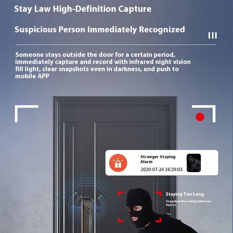 Stay Law High-Definition Capture  
Suspicious Person Immediately Recognized  

Someone stays outside the door for a certain period, immediately capture and record with infrared night vision fill light, clear snapshots even in darkness, and push to mobile APP  

Stranger Staying Alarm  
2020-07-24 16:29:03  

Staying Too Long  
Snapshot Recording Unknown Visitor