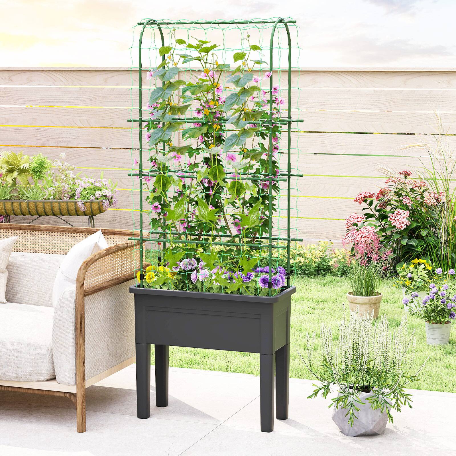 Alt View 3. Gymax - Gymax Raised Garden Bed w/ Trellis for Climbing Plants Self-Watering Planter Box w/ Water Level Gauge Removable Legs - Green.