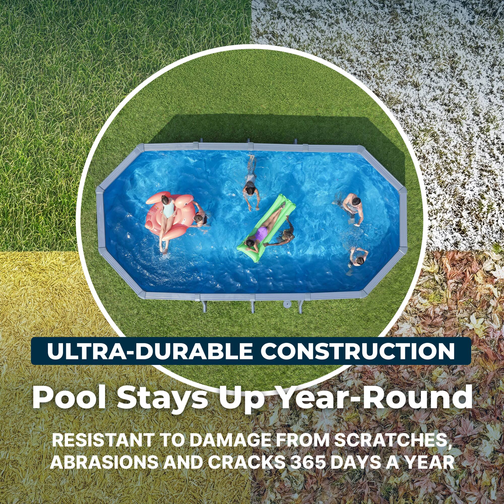 ULTRA-DURABLE CONSTRUCTION  
Pool Stays Up Year-Round  
RESISTANT TO DAMAGE FROM SCRATCHES, ABRASIONS AND CRACKS 365 DAYS A YEAR