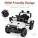 Child Friendly Design
Watch your kids cruise around your home at two preset speeds (1.8mph & 3.1mph)
- 5-Point Harness
- Locking Doors
