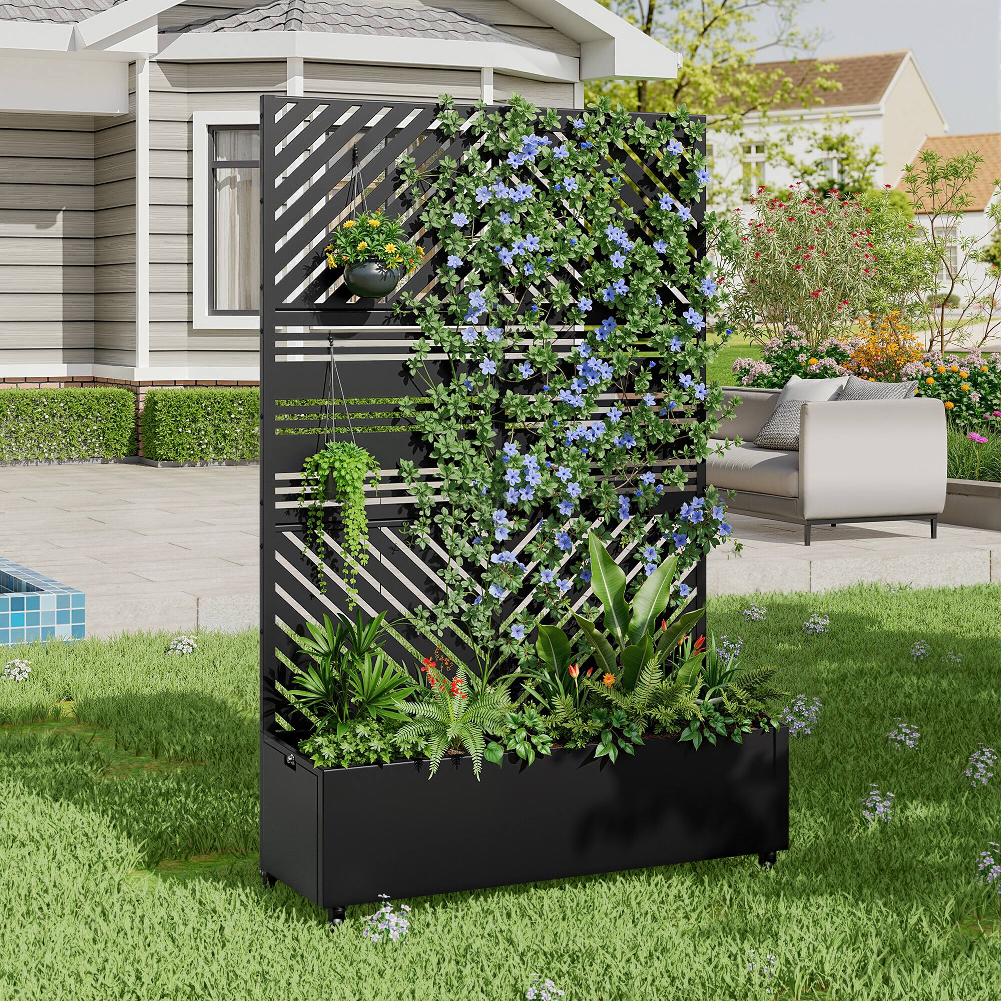 Alt View 2. PexFix - 72 in. H x 47 in. W Paraold Pattern Rectangle Metal Planter Box Raised Garden Beds with Trellis-Ideal for Balcony - Black.
