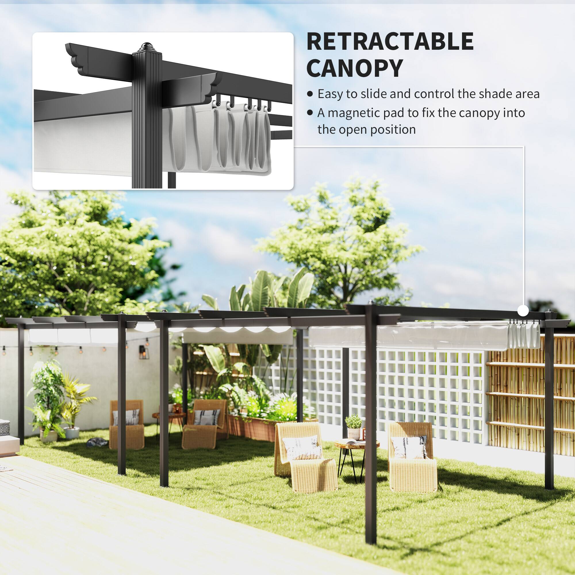 RETRACTABLE CANOPY

Easy to slide and control the shade area
A magnetic pad to fix the canopy into the open position