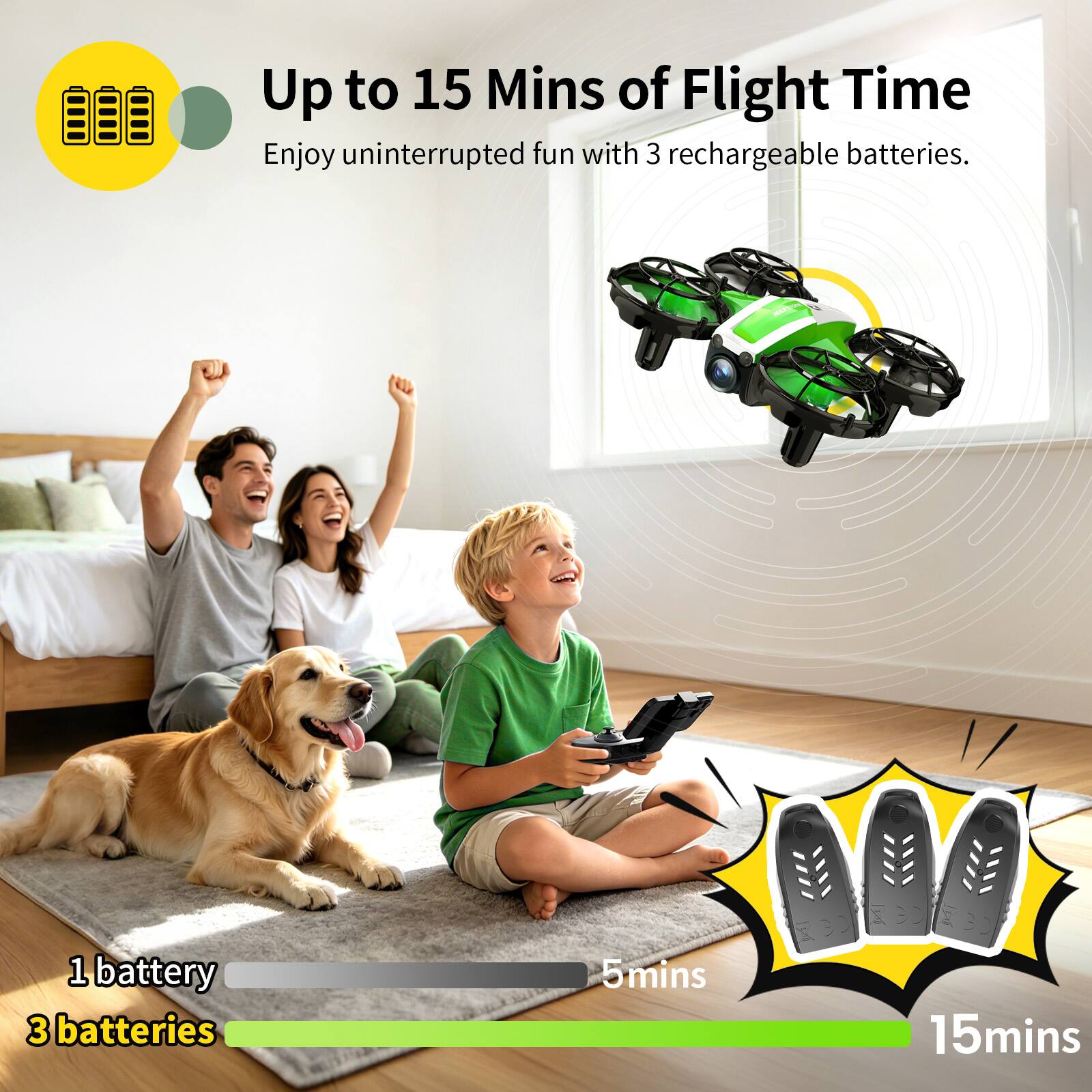Up to 15 Mins of Flight Time  
Enjoy uninterrupted fun with 3 rechargeable batteries.  

1 battery: 5mins  
3 batteries: 15mins