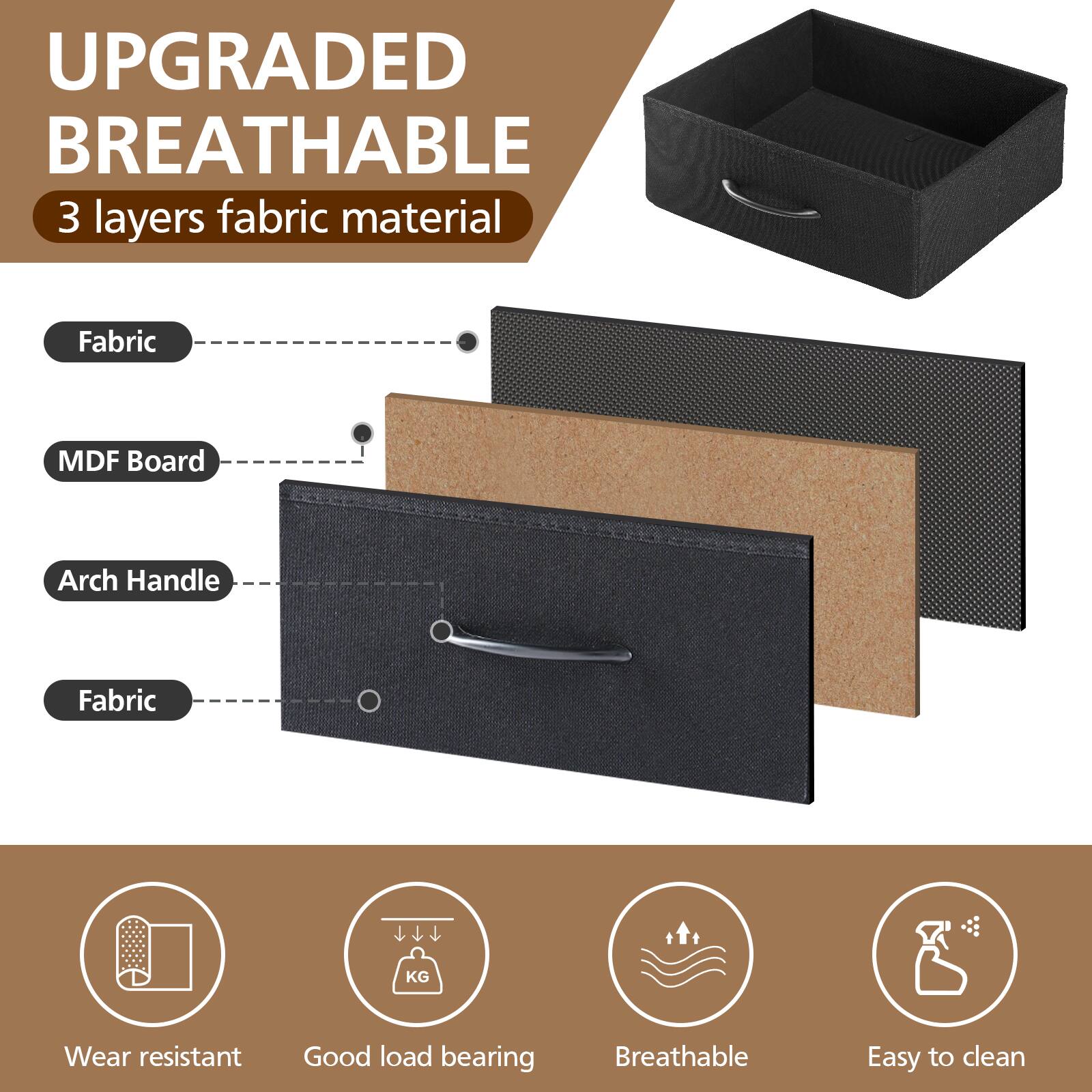 UPGRADED BREATHABLE  
3 layers fabric material  

Fabric  
MDF Board  
Arch Handle  
Fabric  

Wear resistant  
Good load bearing  
Breathable  
Easy to clean