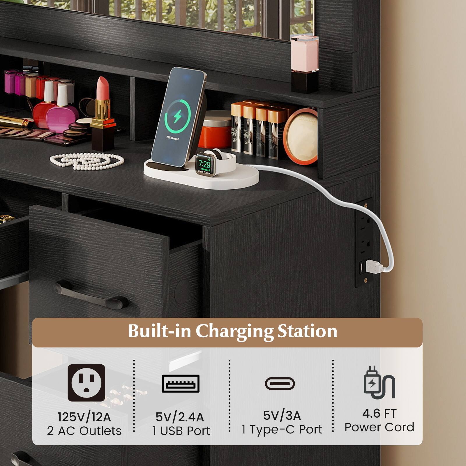 - 2 7:29 Built-in Charging Station  
  125V/12A  
  2 AC Outlets  
  5V/2.4A  
  1 USB Port  
  5V/3A  
  1 Type-C Port  
  4.6 FT Power Cord