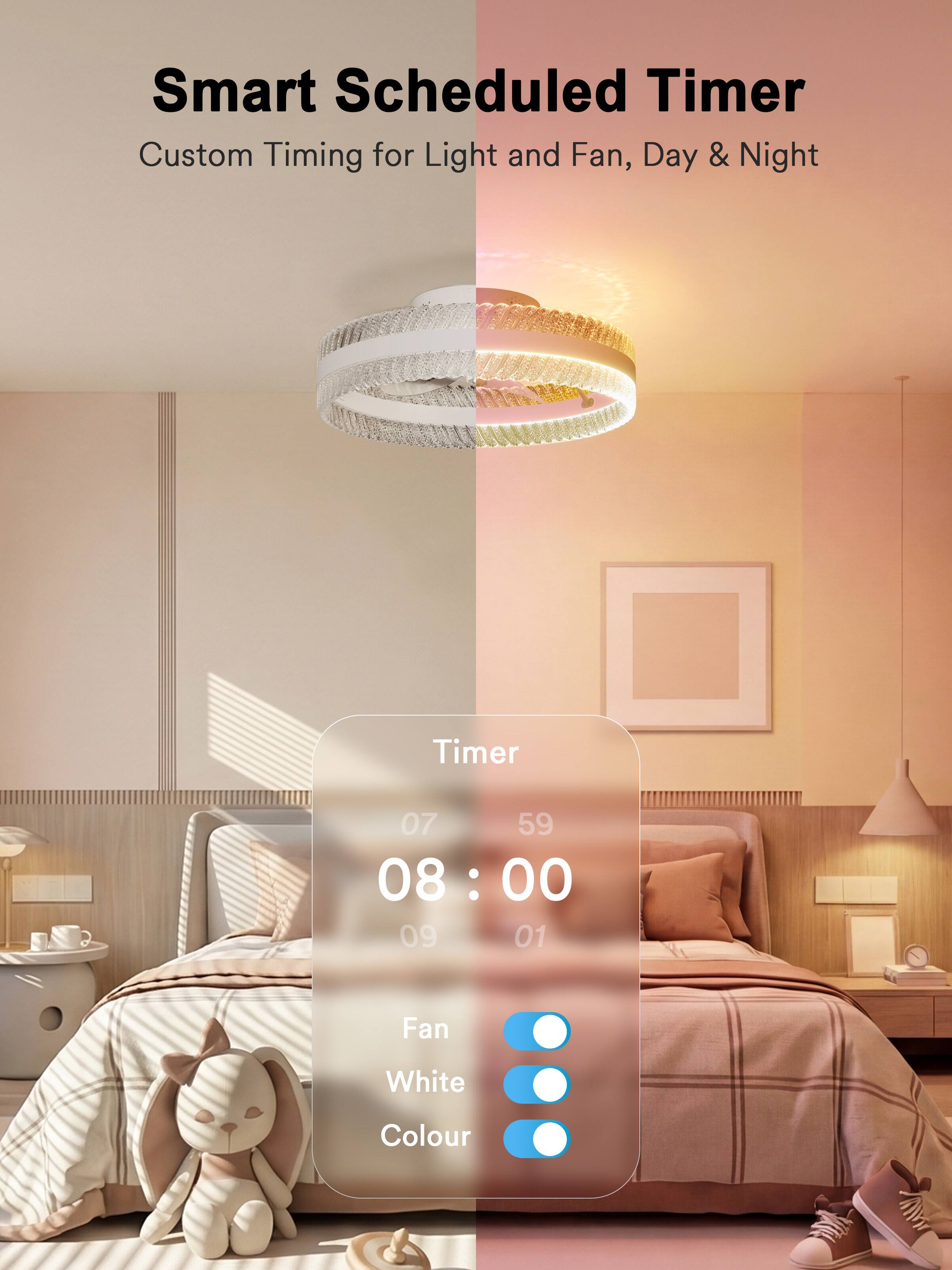 Smart Scheduled Timer  
Custom Timing for Light and Fan, Day & Night  

Timer  
07 : 59  
08 : 00 : 09 01  

Fan  
White Colour