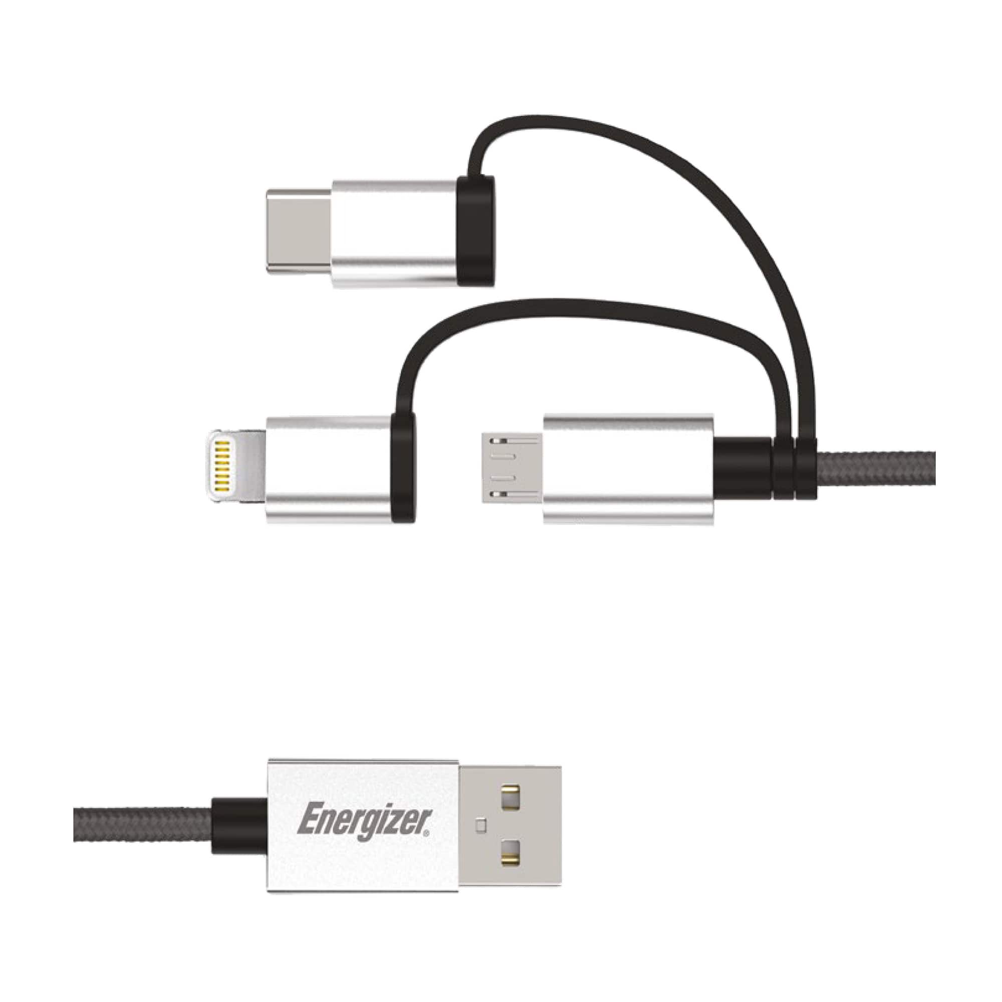 Energizer - 3-in-1 Braided USB Cable – 6ft Durable Cord with Lightning, Micro USB & Type-C Connectors - Black