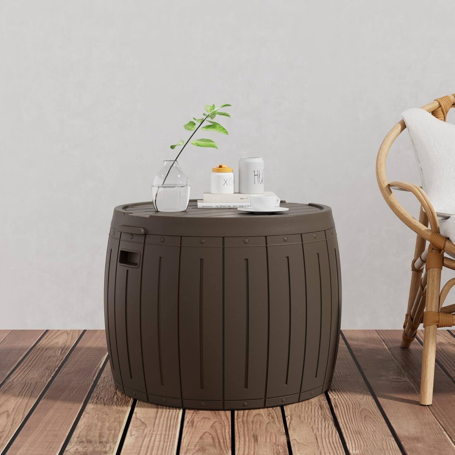 Angle. Decksplore - 27 Gallon Deck Box Storage Box, Round Patio Table, Waterproof Outdoor Storage Box for Towels, Patio Furniture - Brown.