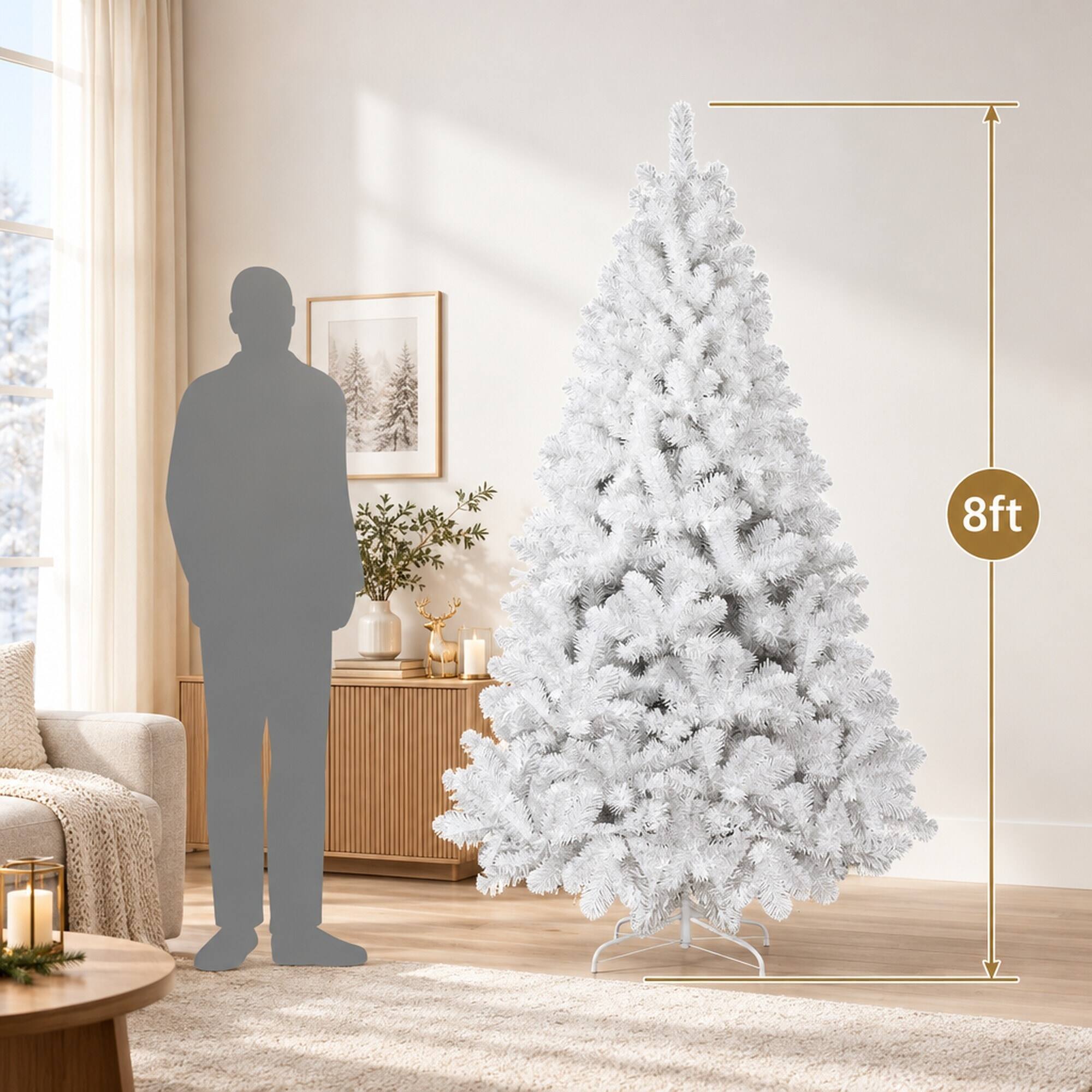 Alt View 2. RYHNUYNE - 5FT White Artificial Christmas Tree With 498 Tips and Memory Wire Branches, Hinged PVC and Easy Assembly - White.
