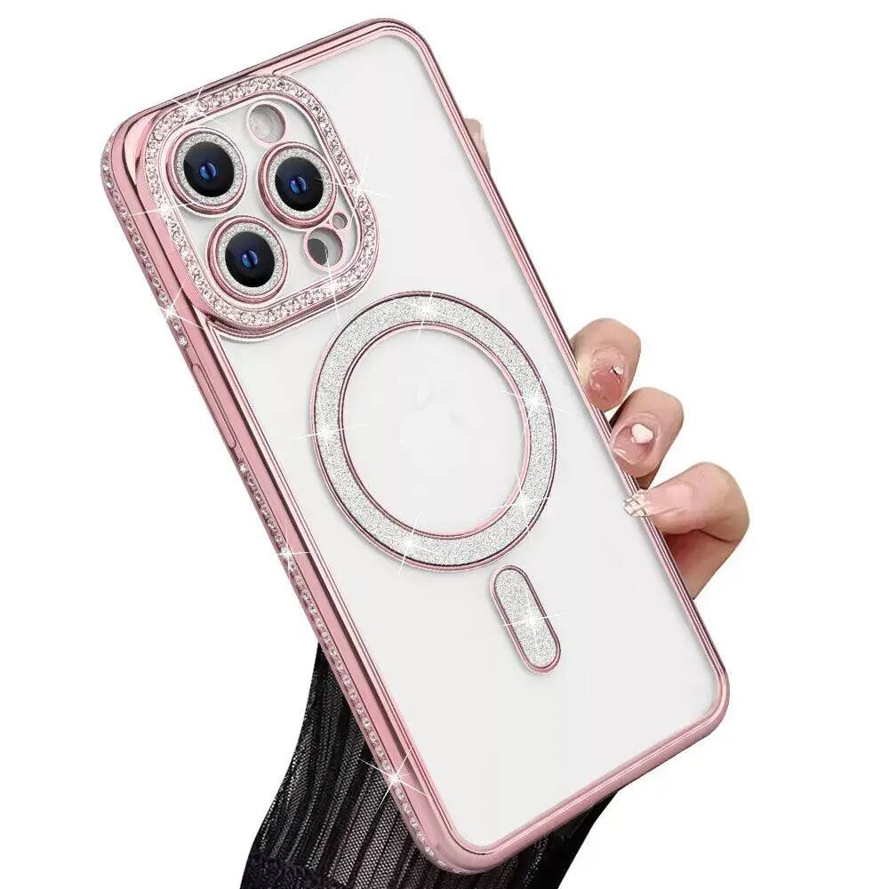 Back. Entronix - Entronix [Magnetic] Case for iPhone 15 Pro - [Clear Back] Luxury Diamonds - Rose Gold.