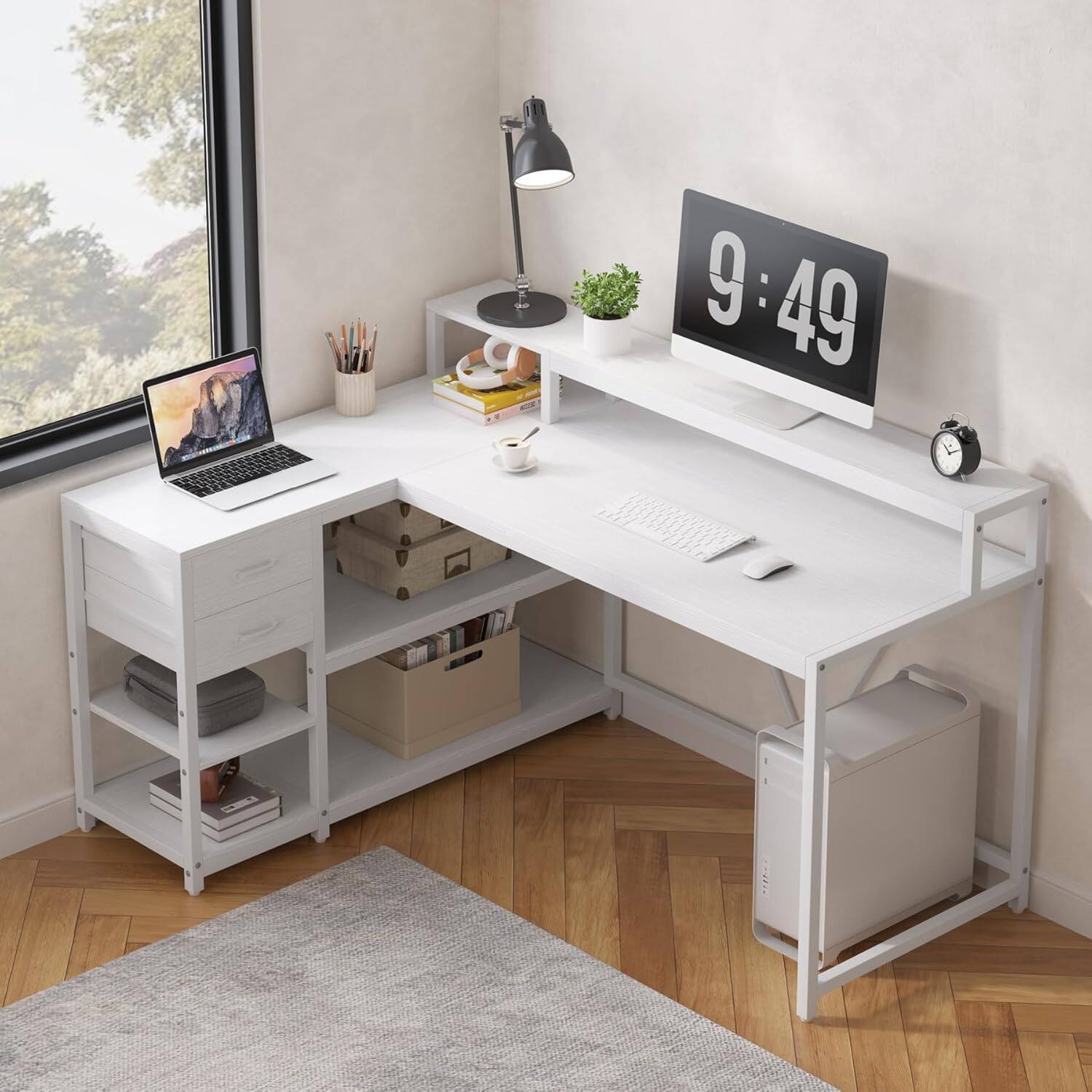 Alt View 1. Tribesigns - L Shaped Desk with Drawers and Storage Shelves, Home Office L Corner Desk with Monitor Stand, 55" x 24" Desktop Computer - White.