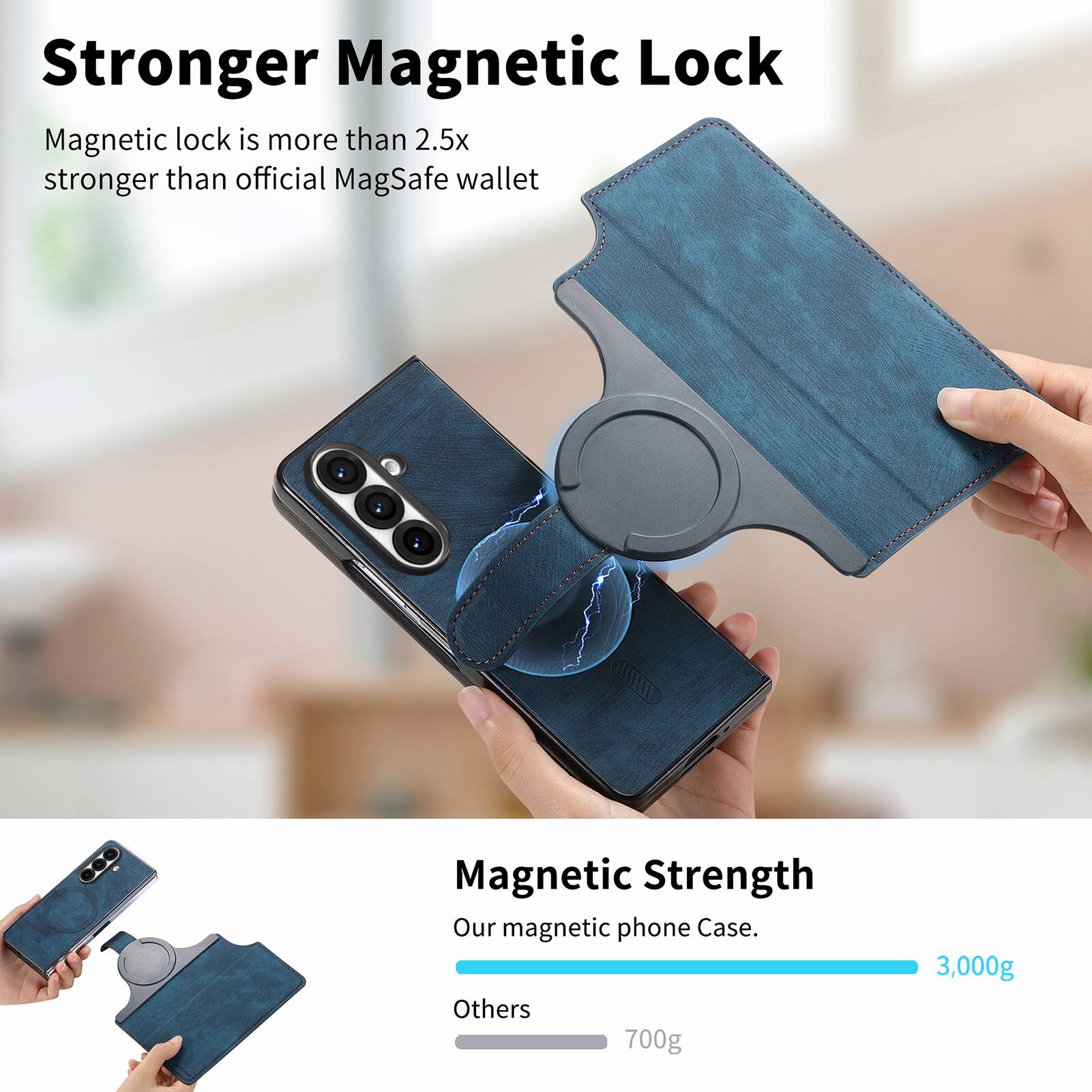 Stronger Magnetic Lock

Magnetic lock is more than 2.5x stronger than official MagSafe wallet

Magnetic Strength

Our magnetic phone Case.

Others 700g

3,000g