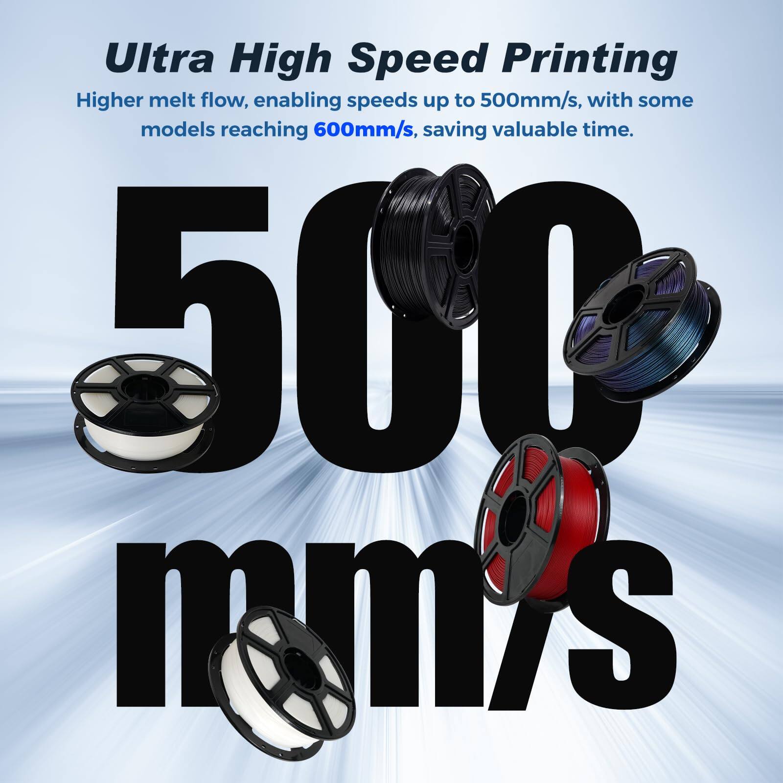Ultra High Speed Printing  
Higher melt flow, enabling speeds up to 500mm/s, with some models reaching 600mm/s, saving valuable time.  
500 mm/s