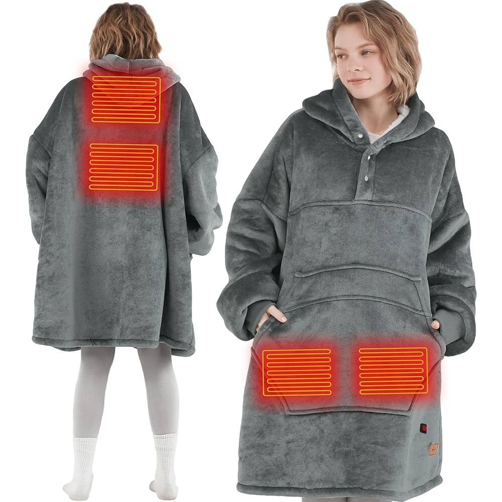Alt View 6. MOSZAR LLC - Cordless Heated Hoodie Blanket – Wearable, Soft, Grey - grey.
