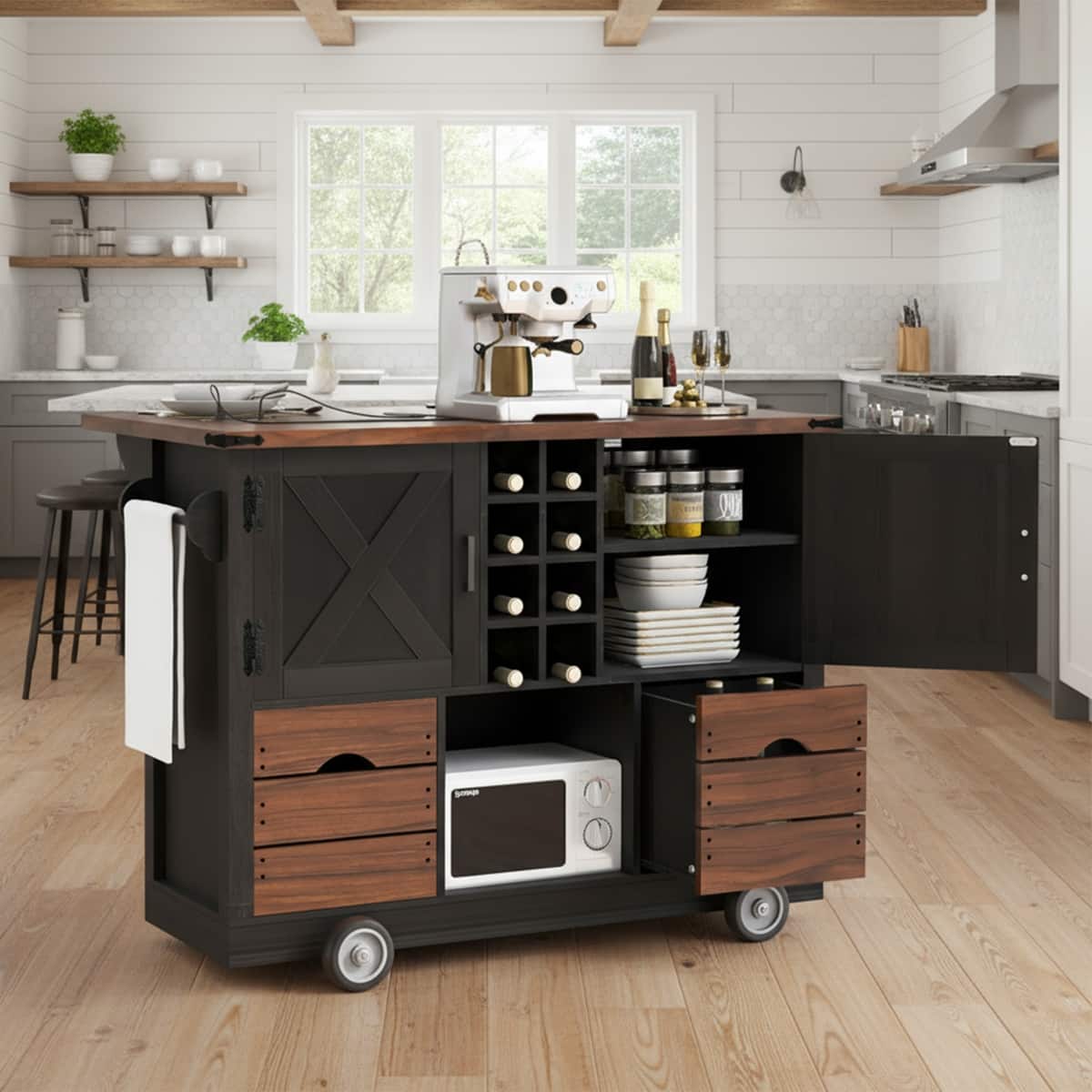 Loheer - 54" Farmhouse Kitchen Island with Drop Leaf, Rolling Kitchen Cart with Power Outlet and Wine Rack - Black