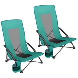 Songmics Home - Set of 2 Portable Beach Chairs for Adults, Max. Load 330 lb Each, High Backrest, Cup Holder, Lightweight, Heavy-Duty - Green
