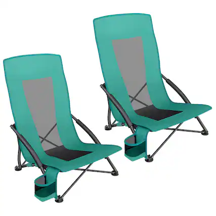 Front. Songmics Home - Set of 2 Portable Beach Chairs for Adults, Max. Load 330 lb Each, High Backrest, Cup Holder, Lightweight, Heavy-Duty - Green.