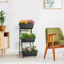 Oumilen - 3-Tier Gray Flower Pot Planter Stand, Vertical Raised Rack w/ Metal Frame for Veggies Herbs Flowers 37.7 in H