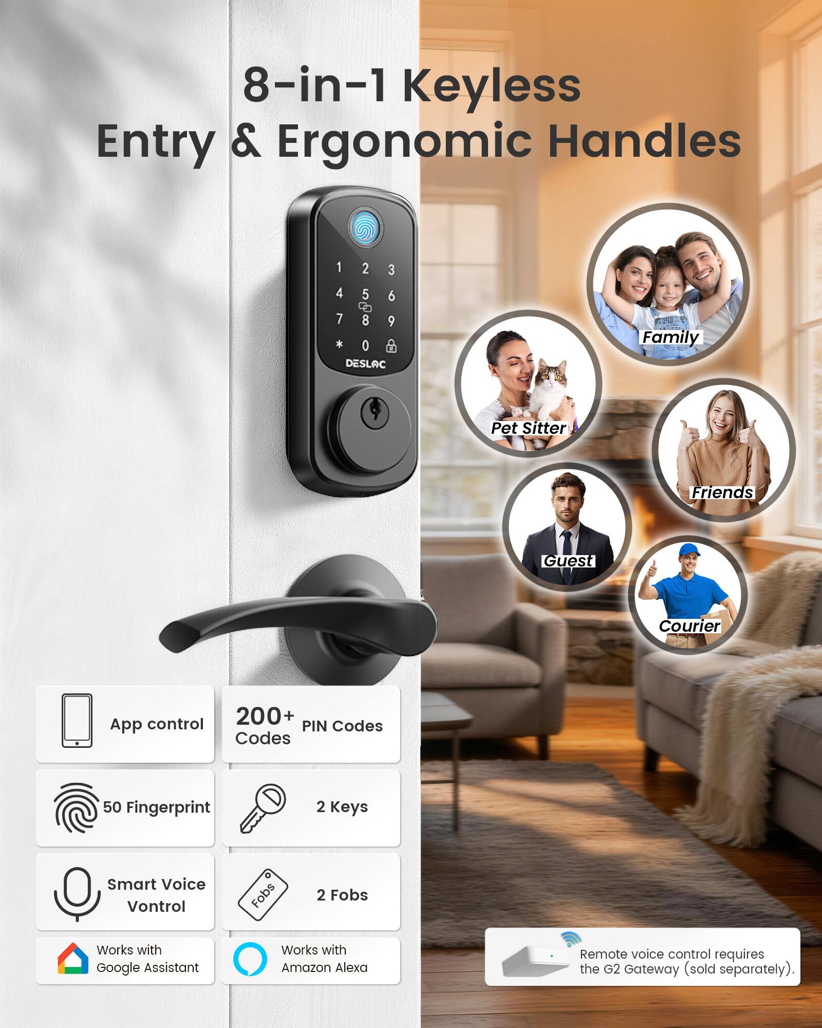 8-in-1 Keyless Entry & Ergonomic Handles

1
2
3
4 5 6 La 7 8 9 * 0 DESLAC

Family
Pet Sitter
Friends
Guest
Courier

App control
200+ PIN Codes
50 Fingerprint
2 Keys
Smart Voice Vontrol
2 Fobs

Works with Google Assistant
Works with Amazon Alexa

Remote voice control requires the G2 Gateway (sold separately).