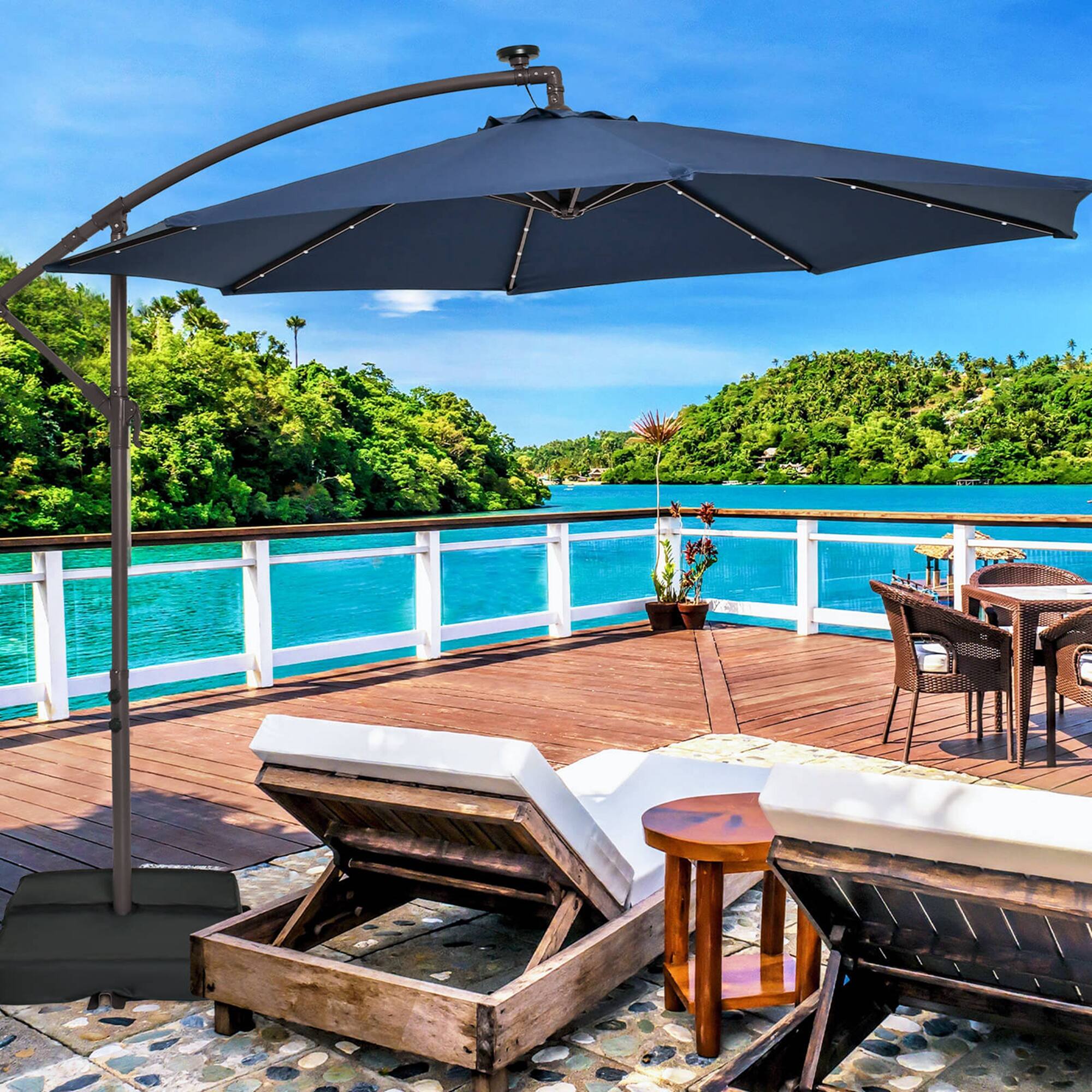 Alt View 3. Costway - Patio 10FT Hanging Offset Umbrella 32 LED Lights Sand Bag Outdoor Cross Base - Navy.