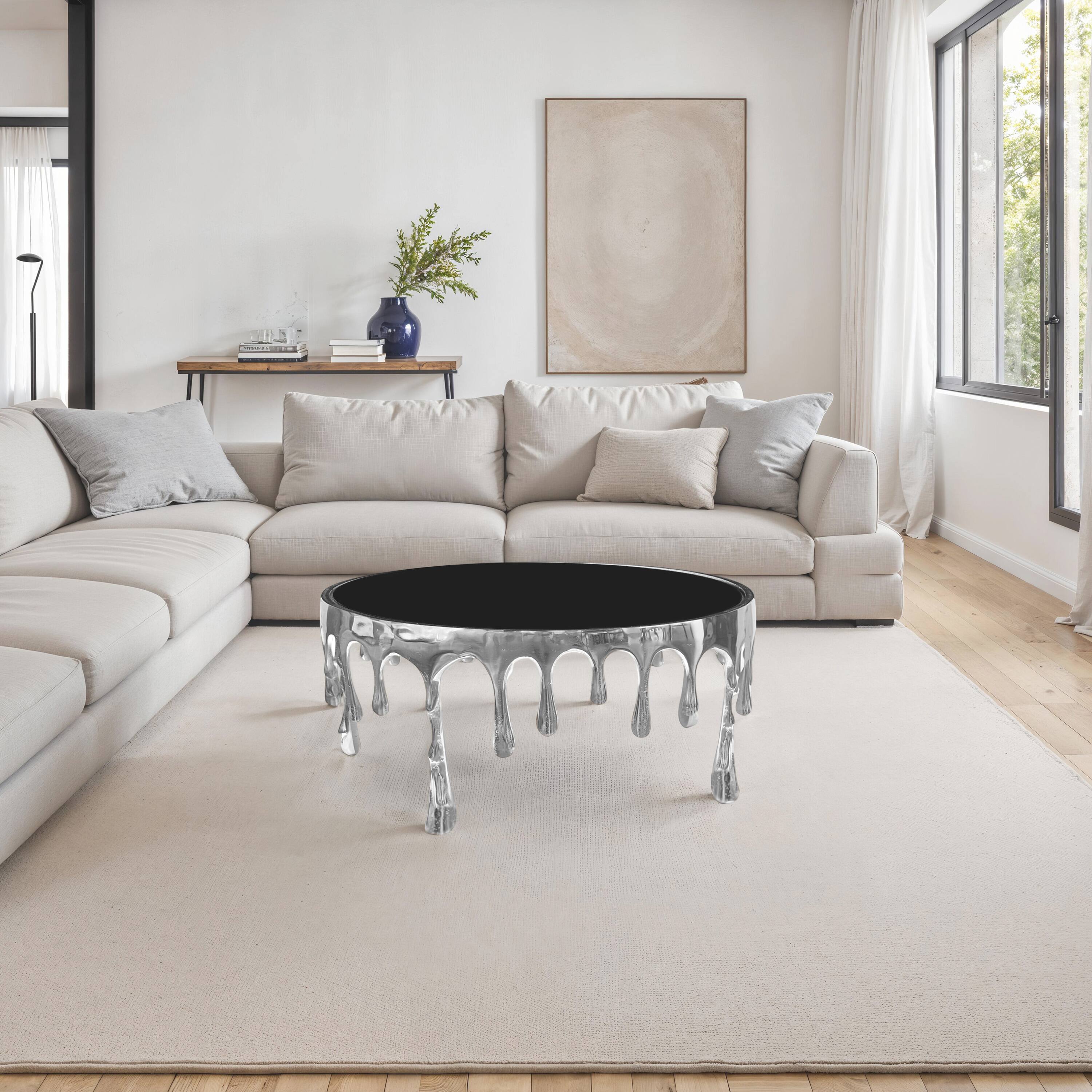 Alt View 9. Manhattan Lane - Capri Coffee Table | 36 Inch Round Glass Top | Melting Drip Design - Silver, Black.